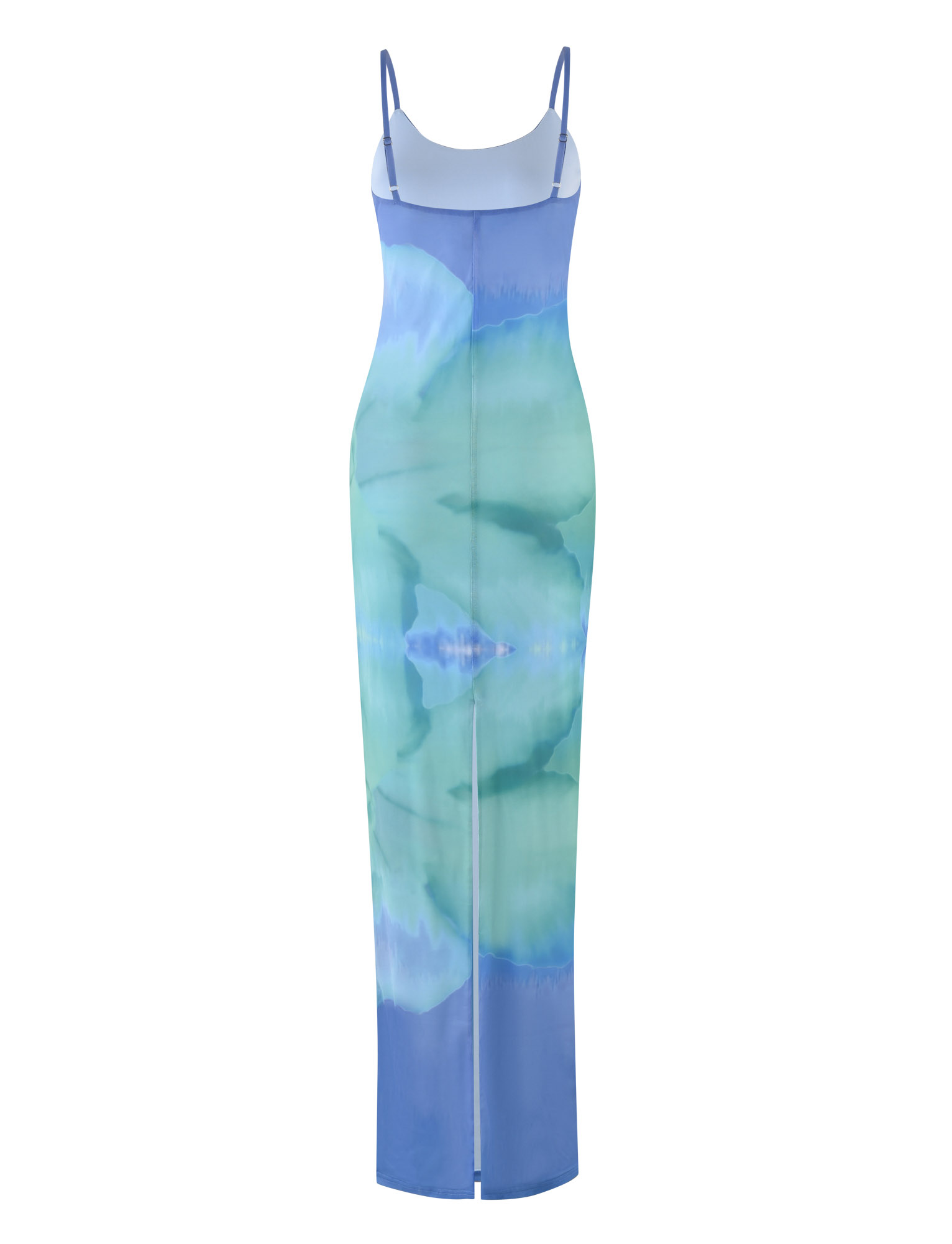 The ARDON MAXI DRESS - BLUE HIBISCUS by TIGERMIST is a sleeveless, form-fitting mesh maxi dress with thin straps, a blue macro floral print, and a subtle front slit.