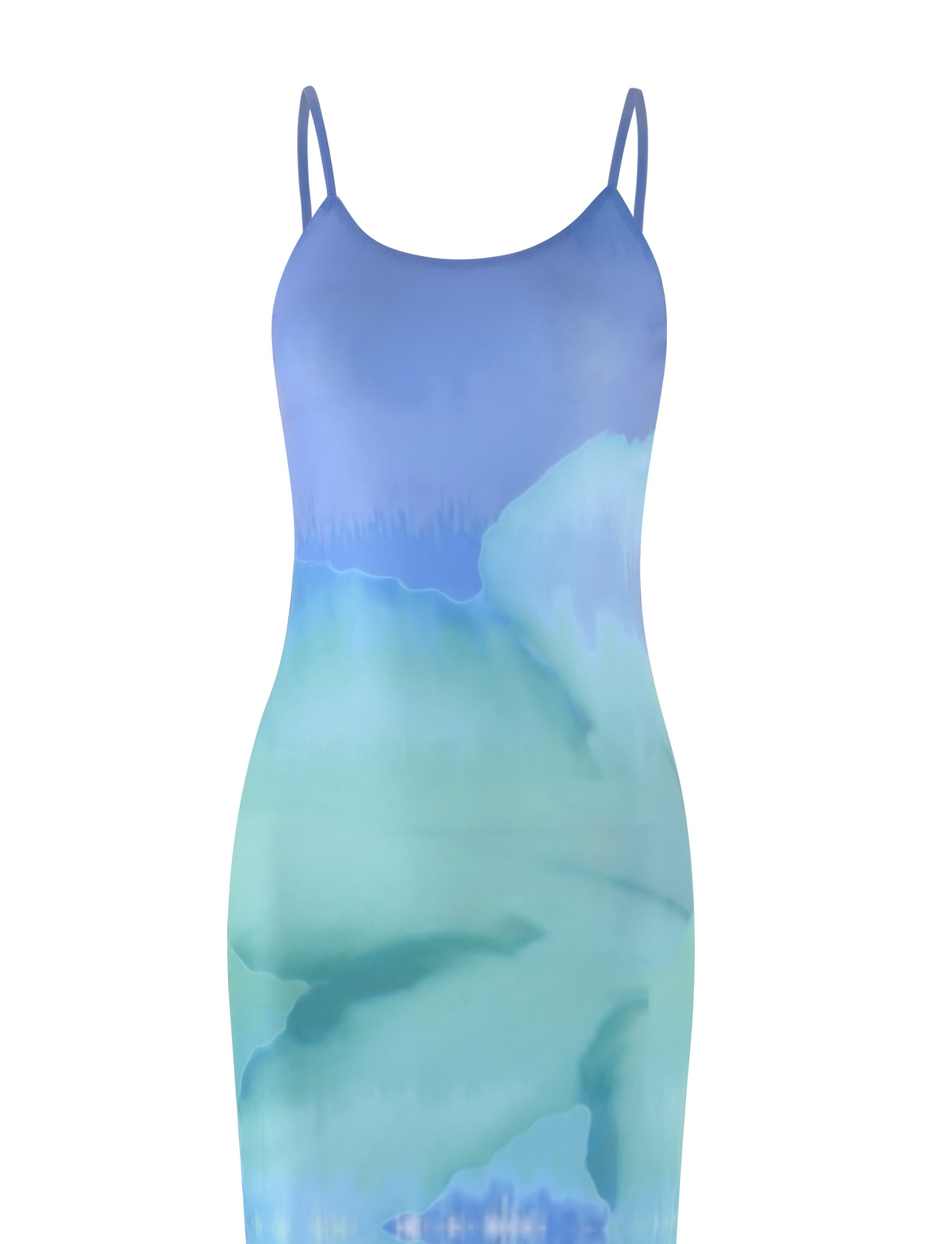 The ARDON MAXI DRESS in Blue Hibiscus by TIGERMIST is a sleeveless bodycon with adjustable spaghetti straps, showcasing a macro floral print in blue tones.