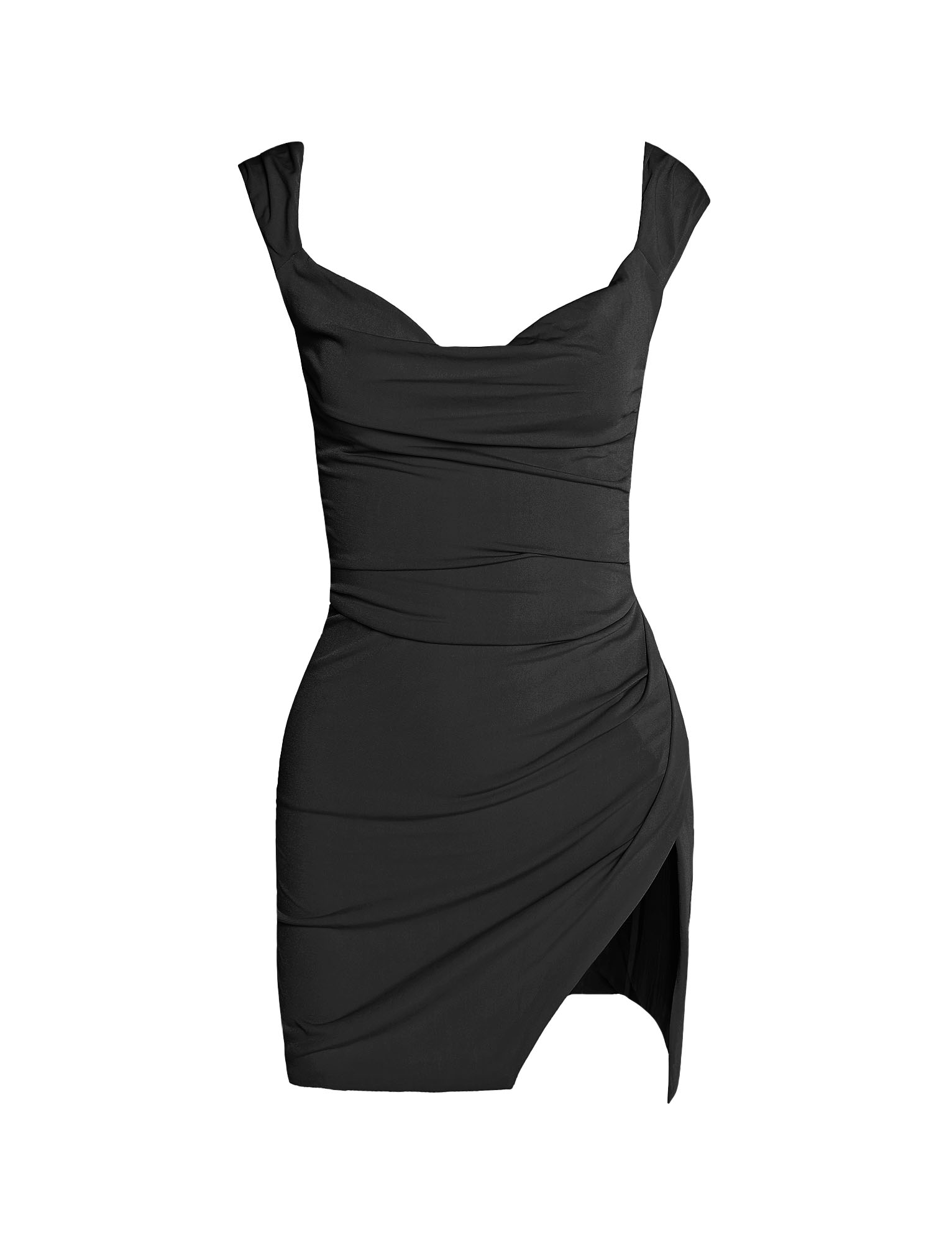 The TIGERMIST JOSLIN DRESS - BLACK is a sleeveless mini dress with a super stretchy, draped ruched design, cowl neckline, and asymmetrical hemline, shown on a plain white background.