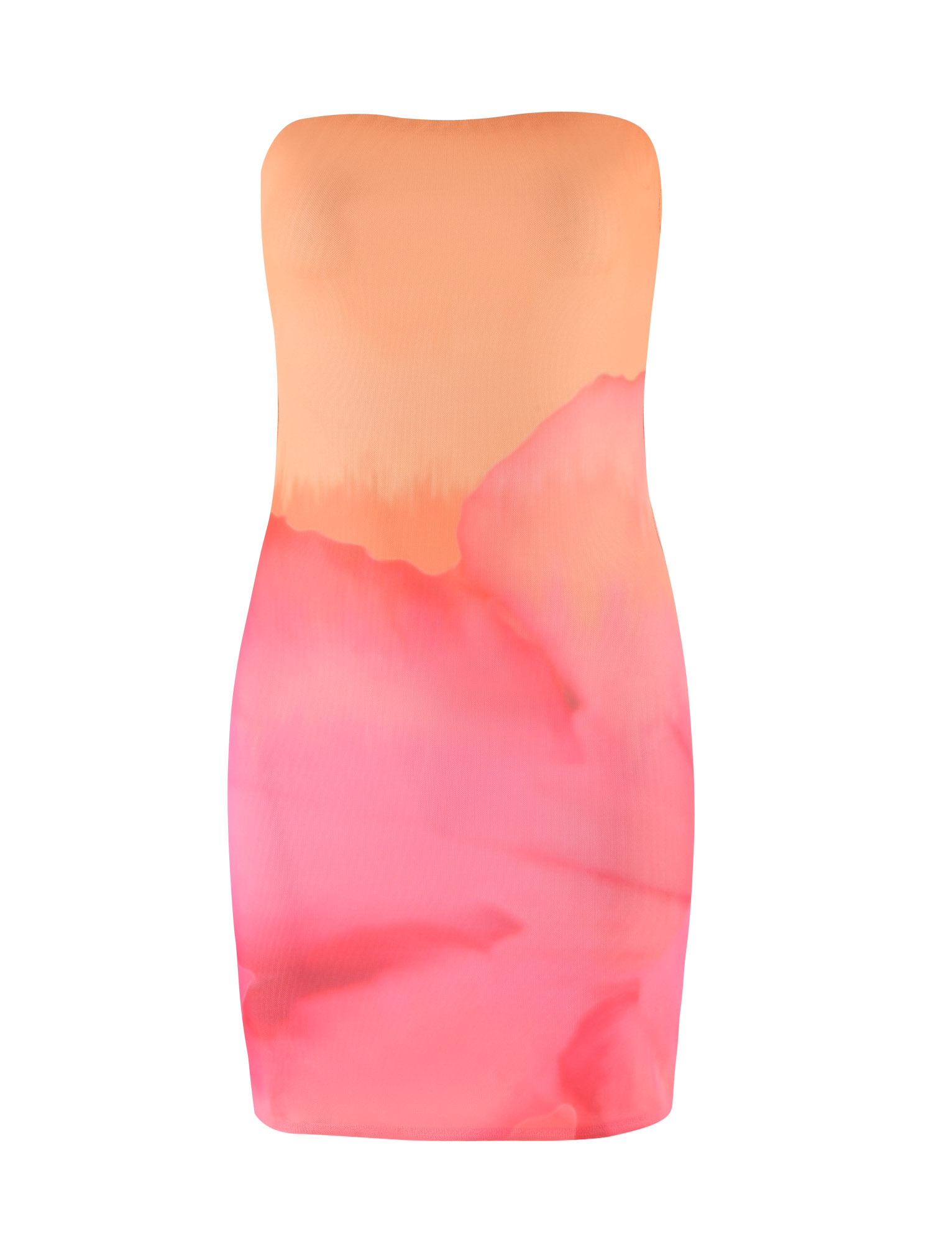 The TIGERMIST CHER MINI DRESS features a strapless, form-fitting bodycon silhouette in a pink macro floral hibiscus print, blending peach and pink-red hues for a watercolor effect.
