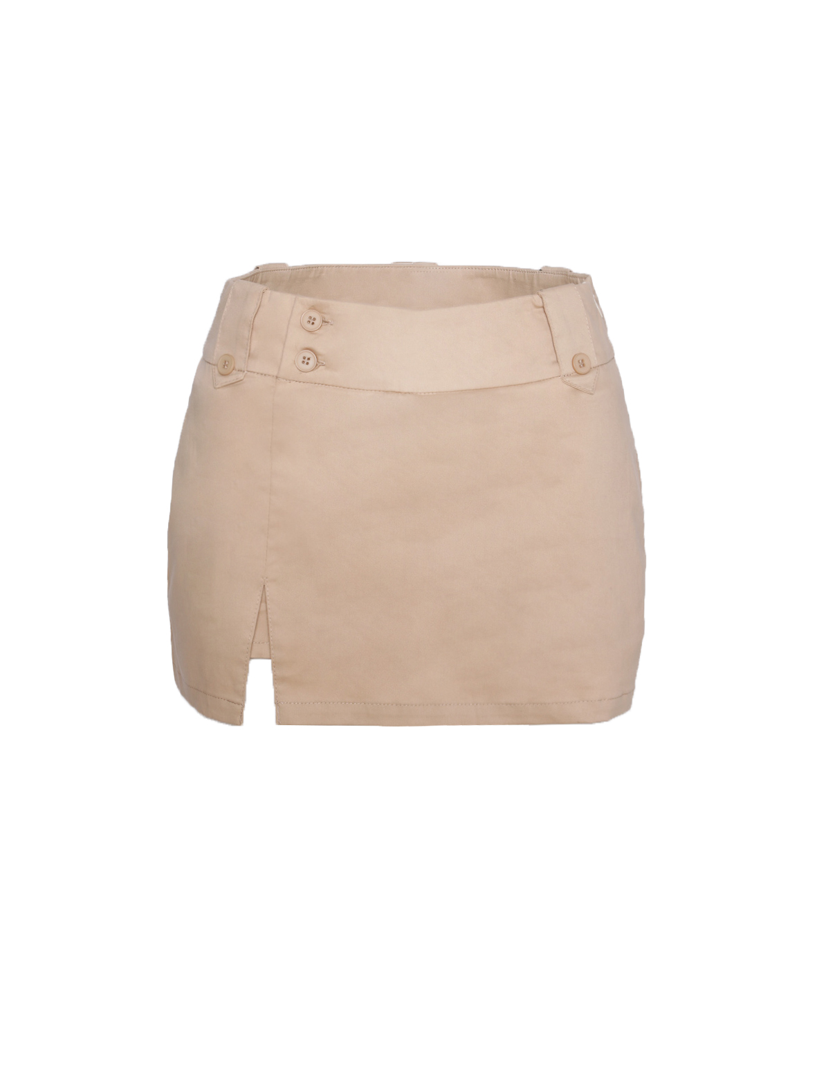 The TIGERMIST KITTIE SKORT - TAN is a mini-length skort with two decorative buttons at the waistband and a small front slit on the left side, shown on a white background.