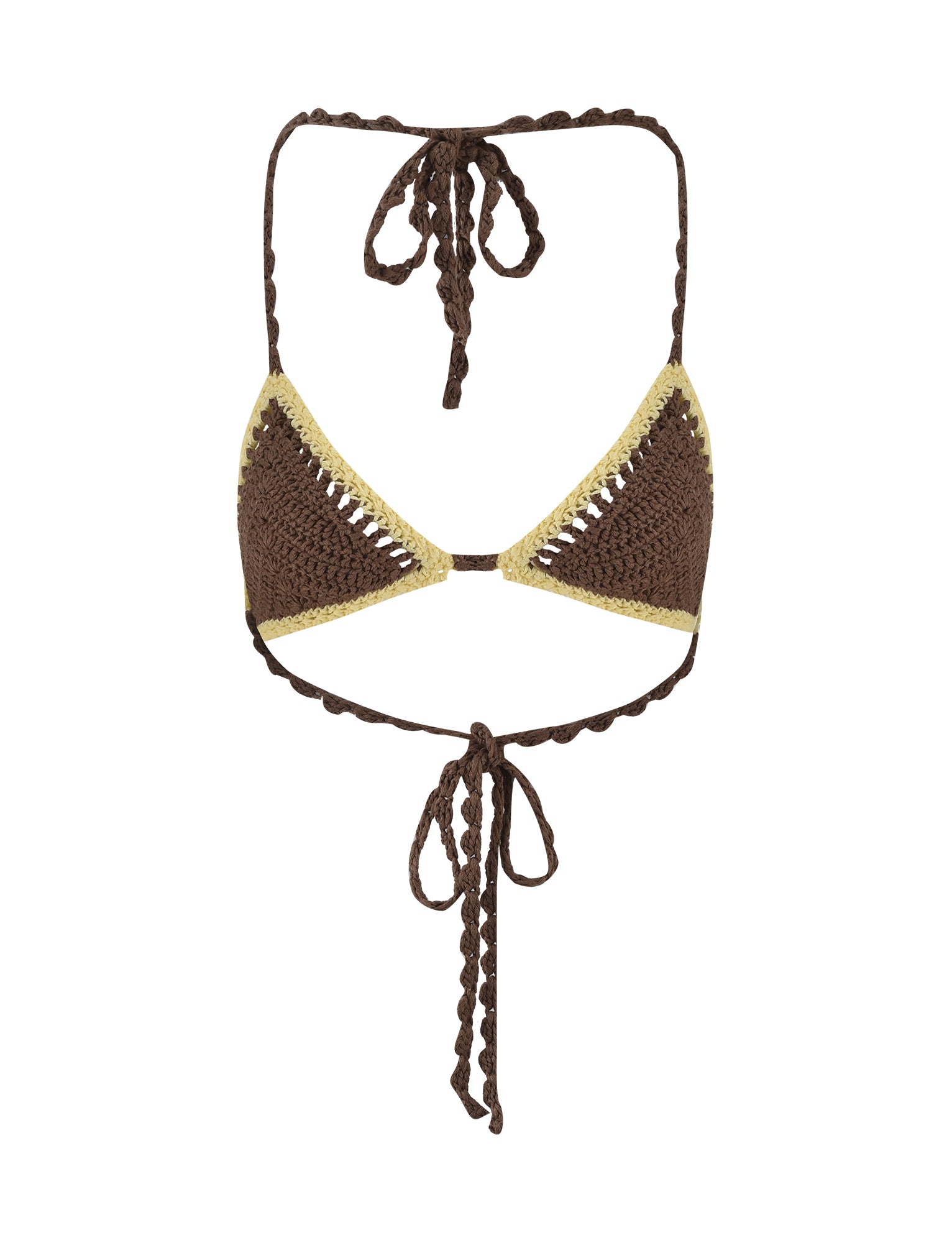 The TIGERMIST CORA BIKINI TOP - BROWN : EARTHY is a handmade crochet bikini top featuring triangular cups primarily in brown, outlined in yellow. It is secured with brown braided strings that tie at the neck and back.