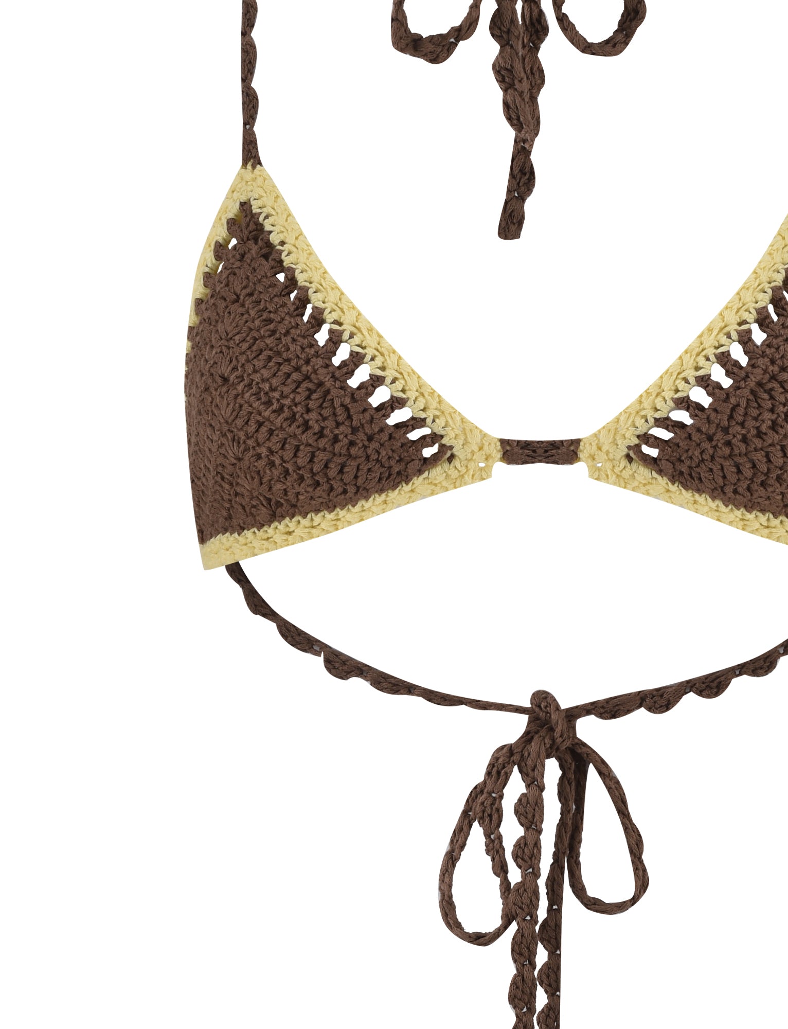 The CORA BIKINI TOP - BROWN : EARTHY from TIGERMIST features a brown crocheted design with cream-colored edging. The triangle cups are secured with a halter neck strap and a back tie strap, both of which are tied with loops at the ends. The intricate crocheted patterns give it a handmade appearance.