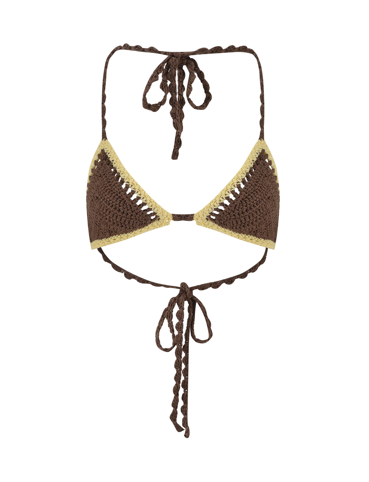 The CORA BIKINI TOP - BROWN : EARTHY by TIGERMIST is a handmade knit bikini top with brown triangular cups outlined in yellow. It features a halter neck tie and a tie at the back with twisted cord-like straps, embodying a simple yet bohemian crochet style inspired by Tiger Mist.