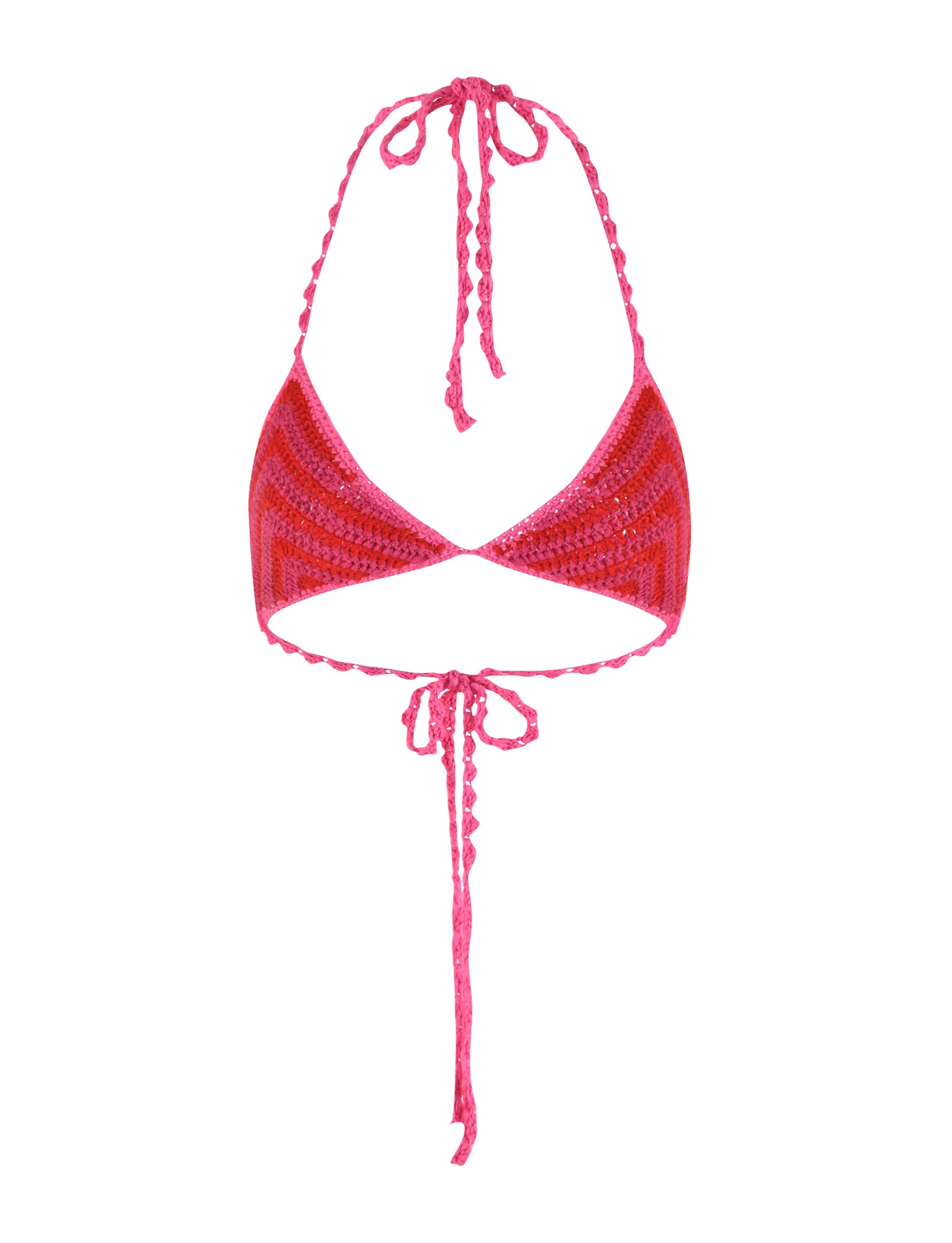 The CORA BIKINI TOP - PINK : STRIPE by TIGERMIST is a stunning crocheted piece showcasing a halter neckline with braided ties around the neck and back. Made from comfortable crochet fabric, its zigzag lines in various shades of pink deliver both style and texture.
