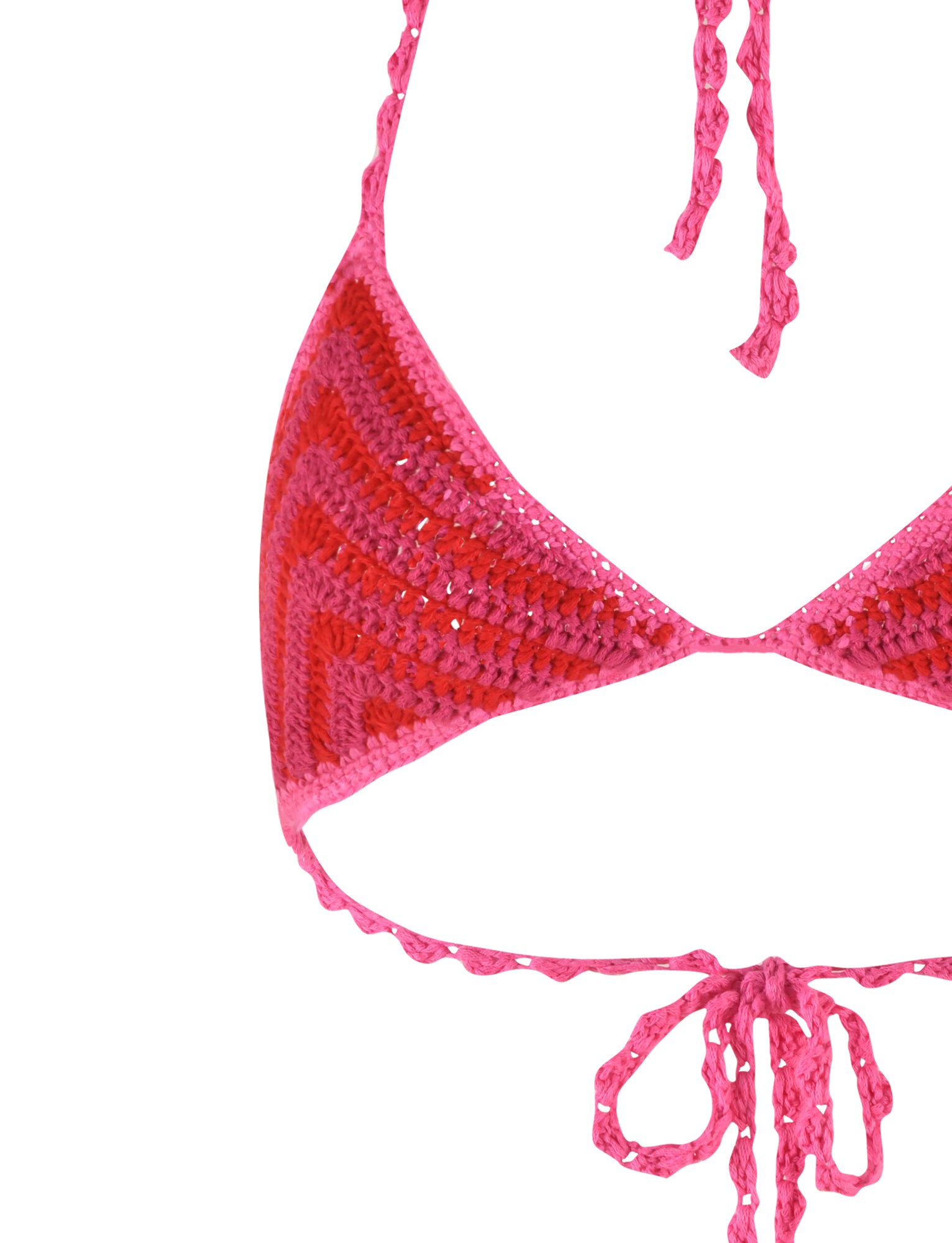 The CORA BIKINI TOP - PINK : STRIPE from TIGERMIST is a pink and red crocheted bikini that features a halter neck tie and tie-back closure. Showcasing chevron patterns with alternating shades of pink and red, the braided texture of the ties complements its crochet fabrication, enhancing the handmade aesthetic of this stunning piece.