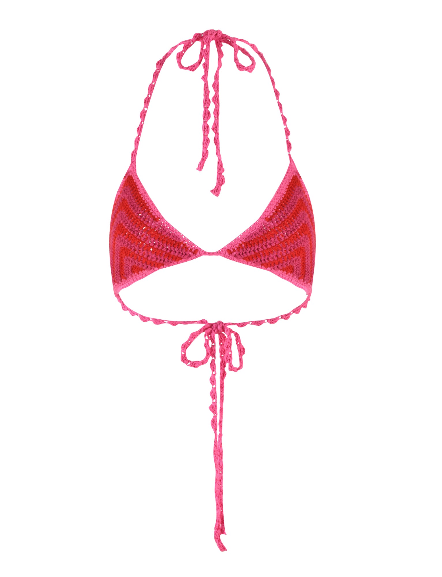 The CORA BIKINI TOP - PINK : STRIPE from TIGERMIST showcases a vibrant pink striped crochet design with wearable crochet fabrication, triangular cups, and halter neck ties. The top features adjustable back ties and intricate detailing in the crochet pattern.