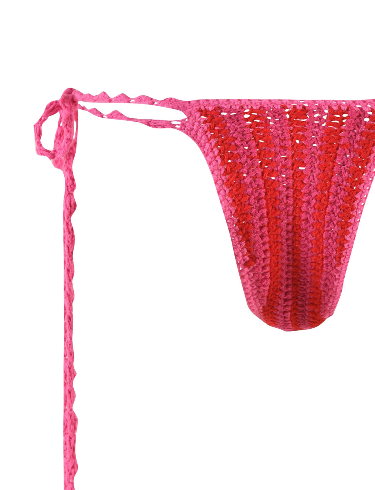 Close-up of the cheeky CORA BIKINI BOTTOM - PINK : STRIPE by TIGERMIST, showcasing a pink and red crocheted design with a braided side tie. The pattern alternates between pink and red stripes, giving the material a textured, handmade appearance.