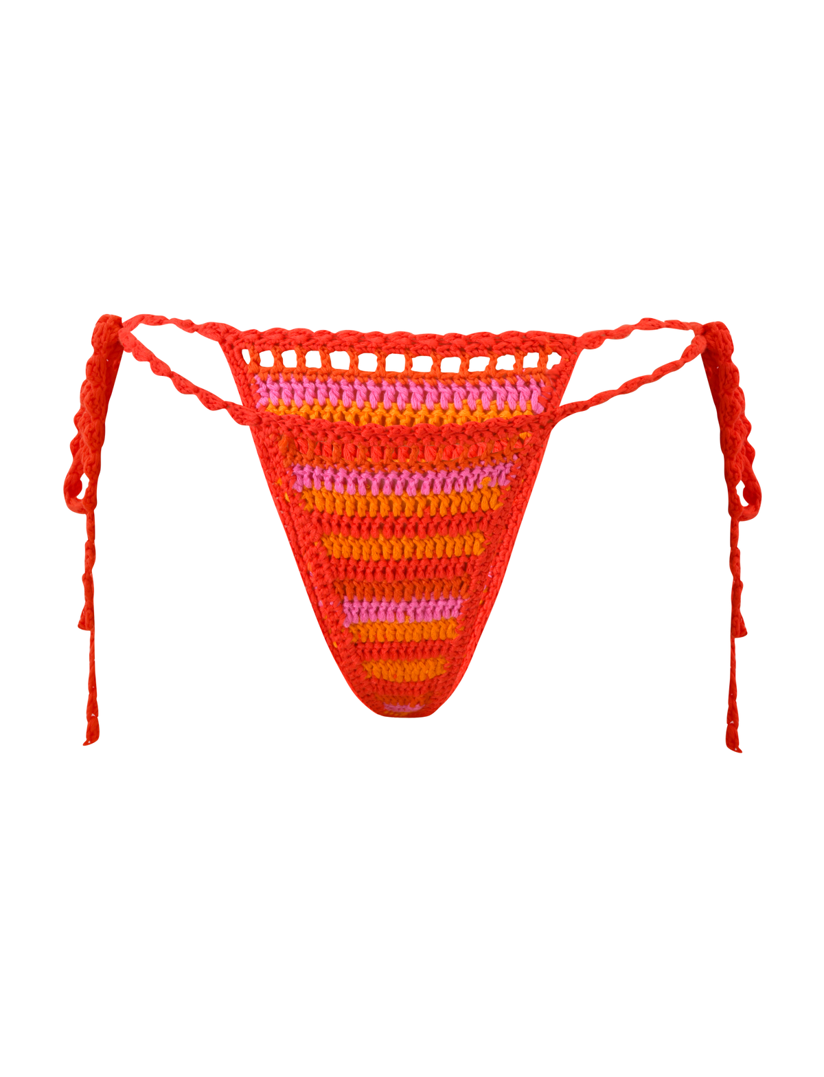 The TIGERMIST CORA BIKINI BOTTOM - SUNSET TROPICAL STRIPE is a colorful crochet bikini bottom with side ties, featuring red, orange, and pink stripes. Shown against a plain white background.