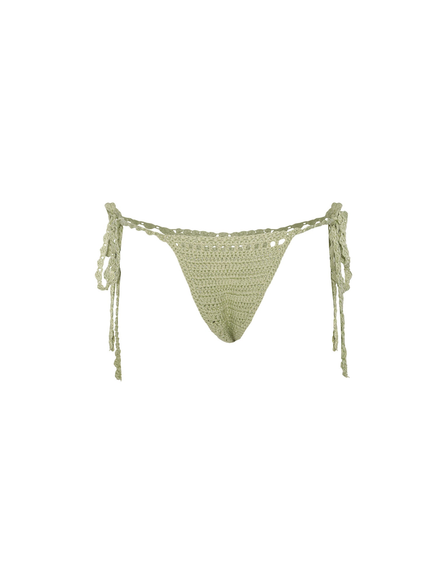 A light pastel green Tiger Mist Crochet Cora Bikini Bottom featuring string ties on both sides. The material showcases a textured, open-knit pattern, with braided strings that add a decorative touch and small tassels at the ends.