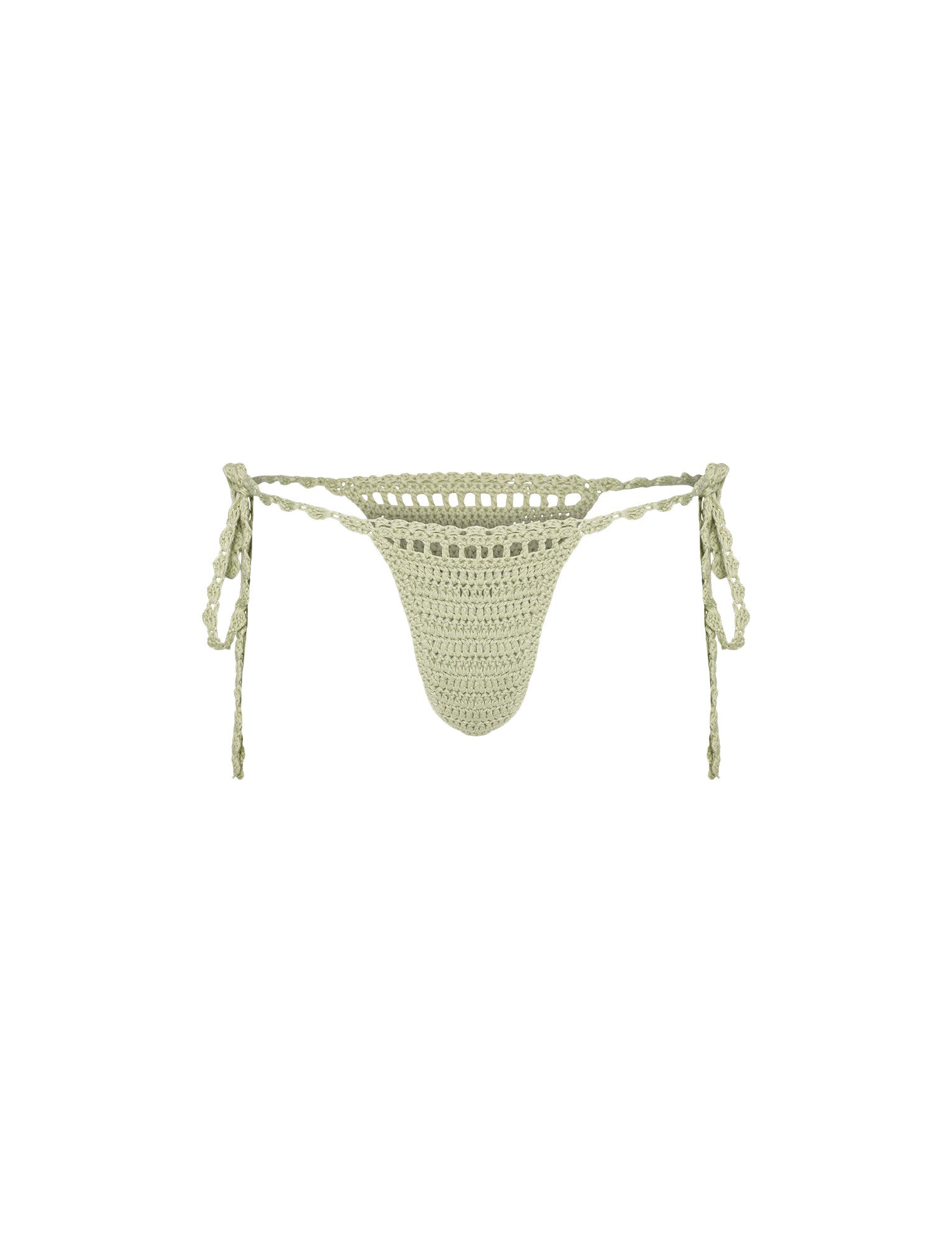 Introducing the Cora Bikini Bottom by TIGERMIST, now available in pastel green. This intricate design offers a mix of open and closed weave patterns for added texture and visual interest. Featuring adjustable braided side ties for a secure fit, this crochet thong perfectly combines functionality with style.