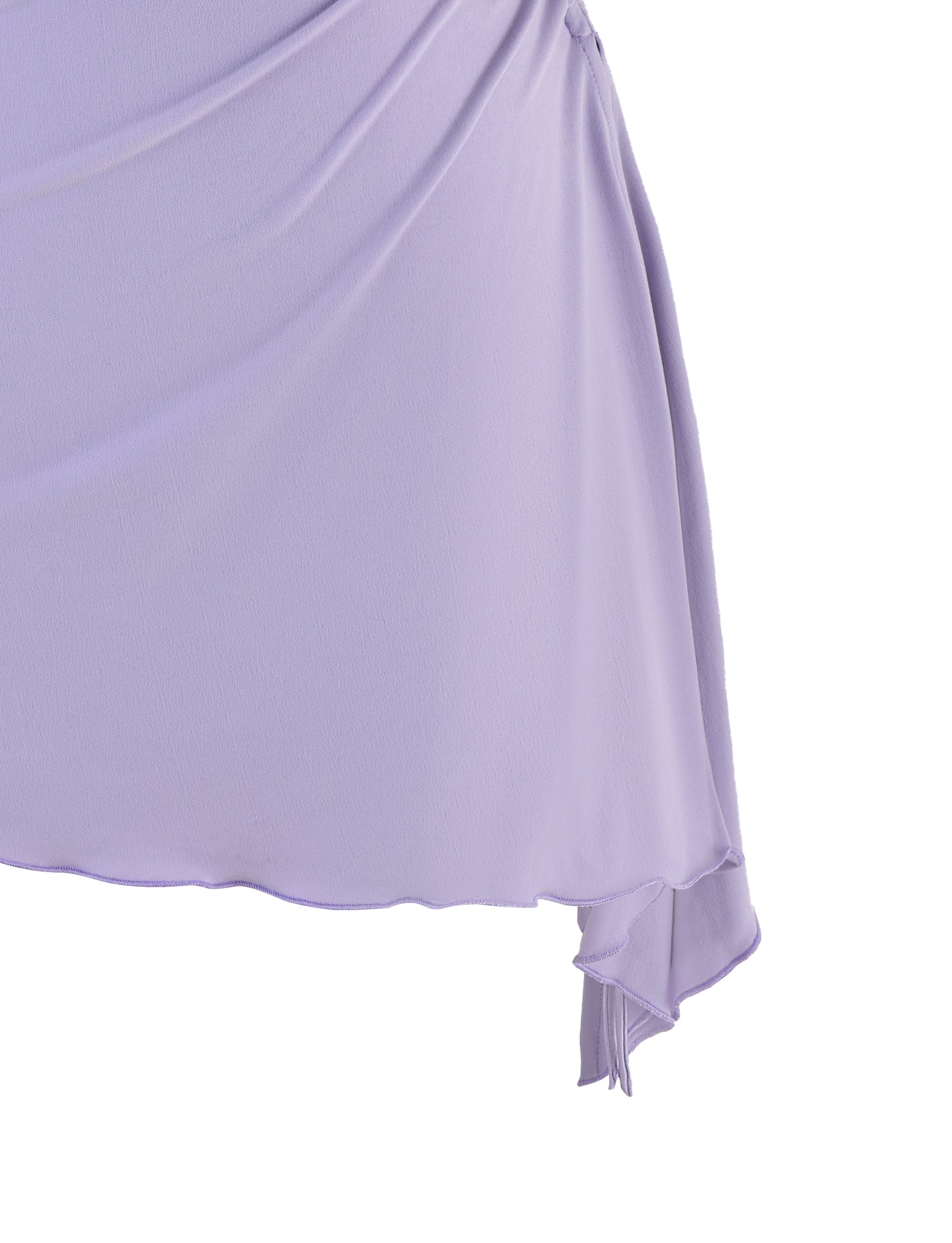 An intimate view of the TIGERMIST XENIA MINI DRESS - PURPLE : LILAC fabric shows it draped in an asymmetric fashion, offering a soft and flowing aesthetic. The material looks lightweight and sheer, featuring gentle folds with a subtle sheen similar to that of purple lilac.