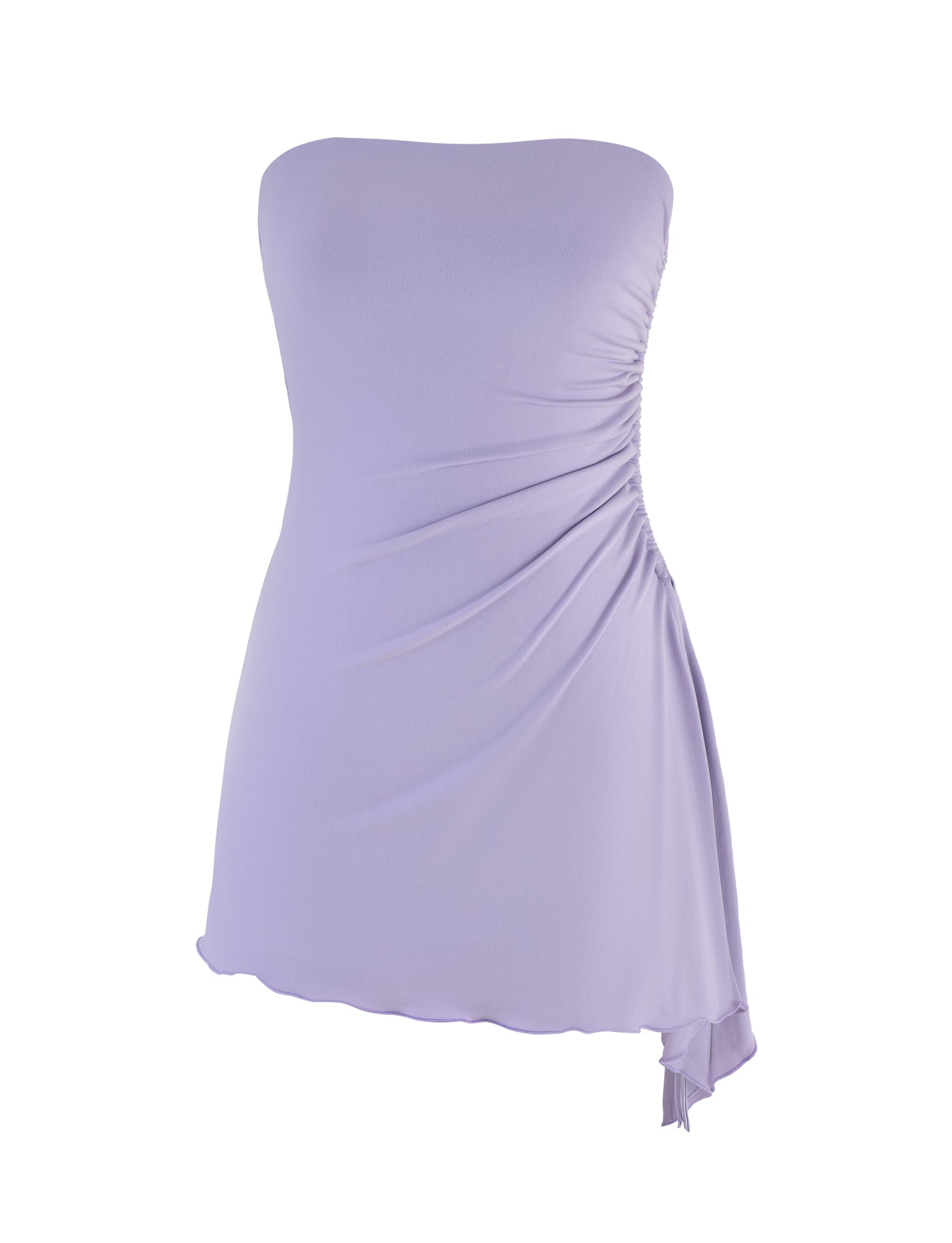 The XENIA MINI DRESS - PURPLE : LILAC from TIGERMIST is a strapless bodycon dress featuring a striking purple lilac color, with a ruched detail on one side and an asymmetrical hemline for extra style.