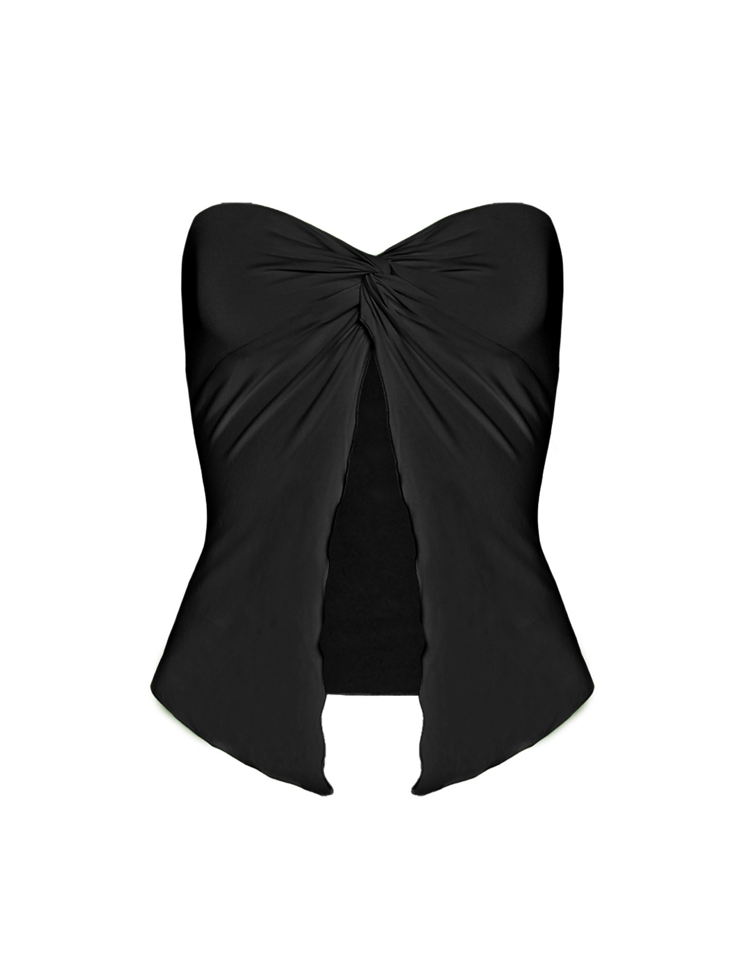 The CHARMAINE TOP - BLACK by TIGERMIST is a strapless top with a sweetheart neckline, gathered bust, twist detail, and front center slit. Made from high-stretch fabric for comfort and a flawless fit.