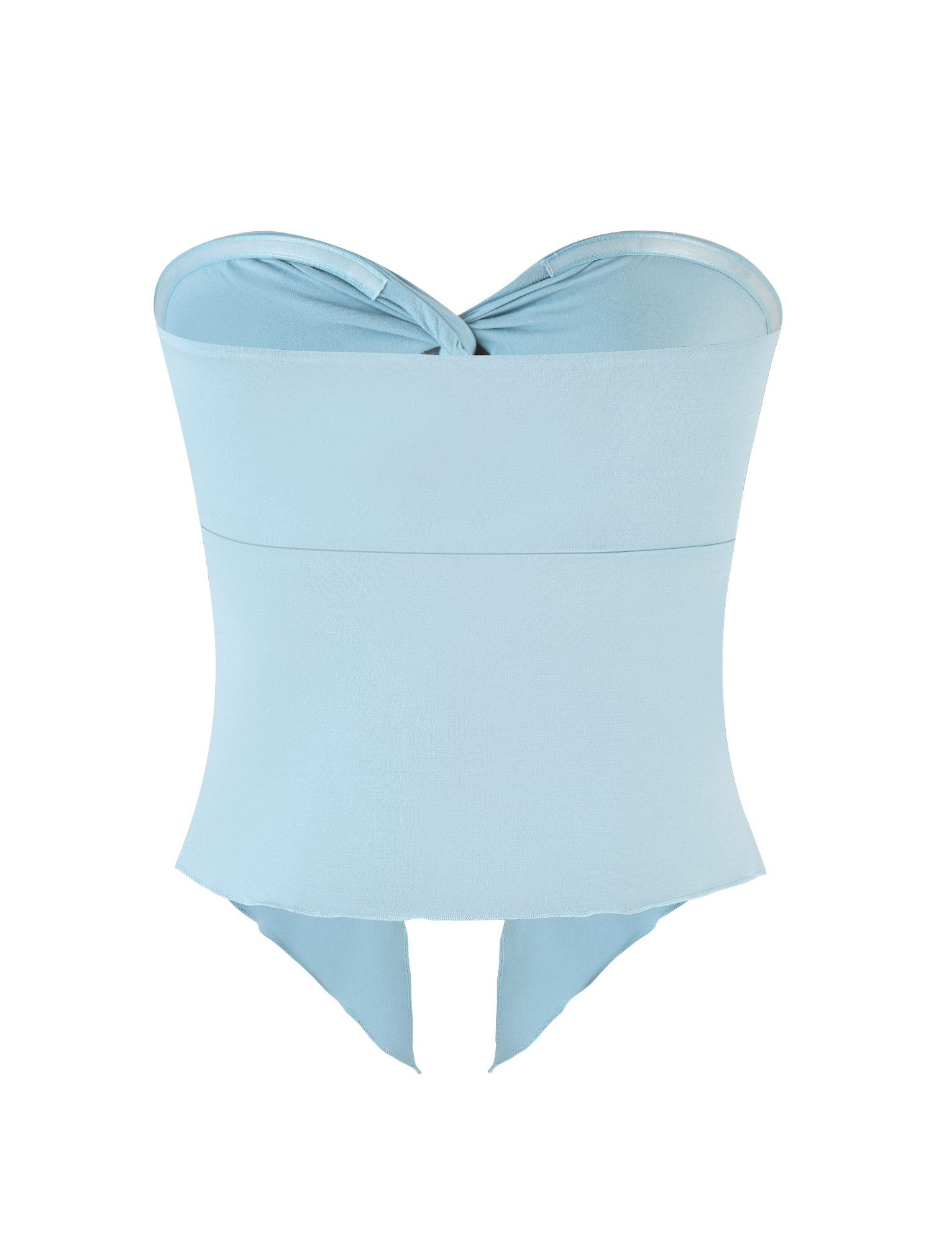 The CHARMAINE TOP - BABY BLUE by TIGERMIST is a light blue, strapless bodysuit with a sweetheart neckline, twist front detail, and snap crotch closure, made from high-stretch fabric for a seamless fitted look.