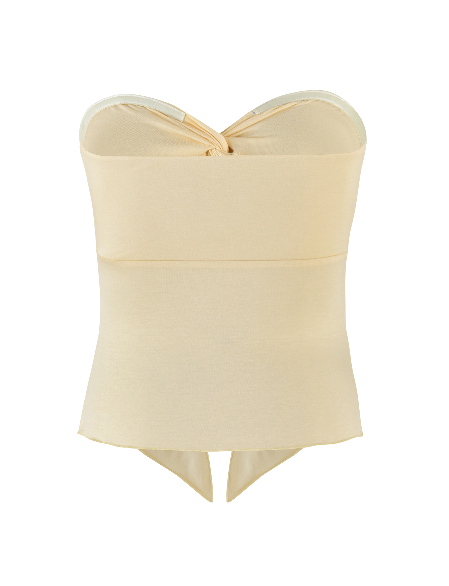 The CHARMAINE TOP - LEMON by TIGERMIST is a strapless bandeau with a sweetheart neckline, pointed front hem, and high-stretch fabric, shown on a plain white background.