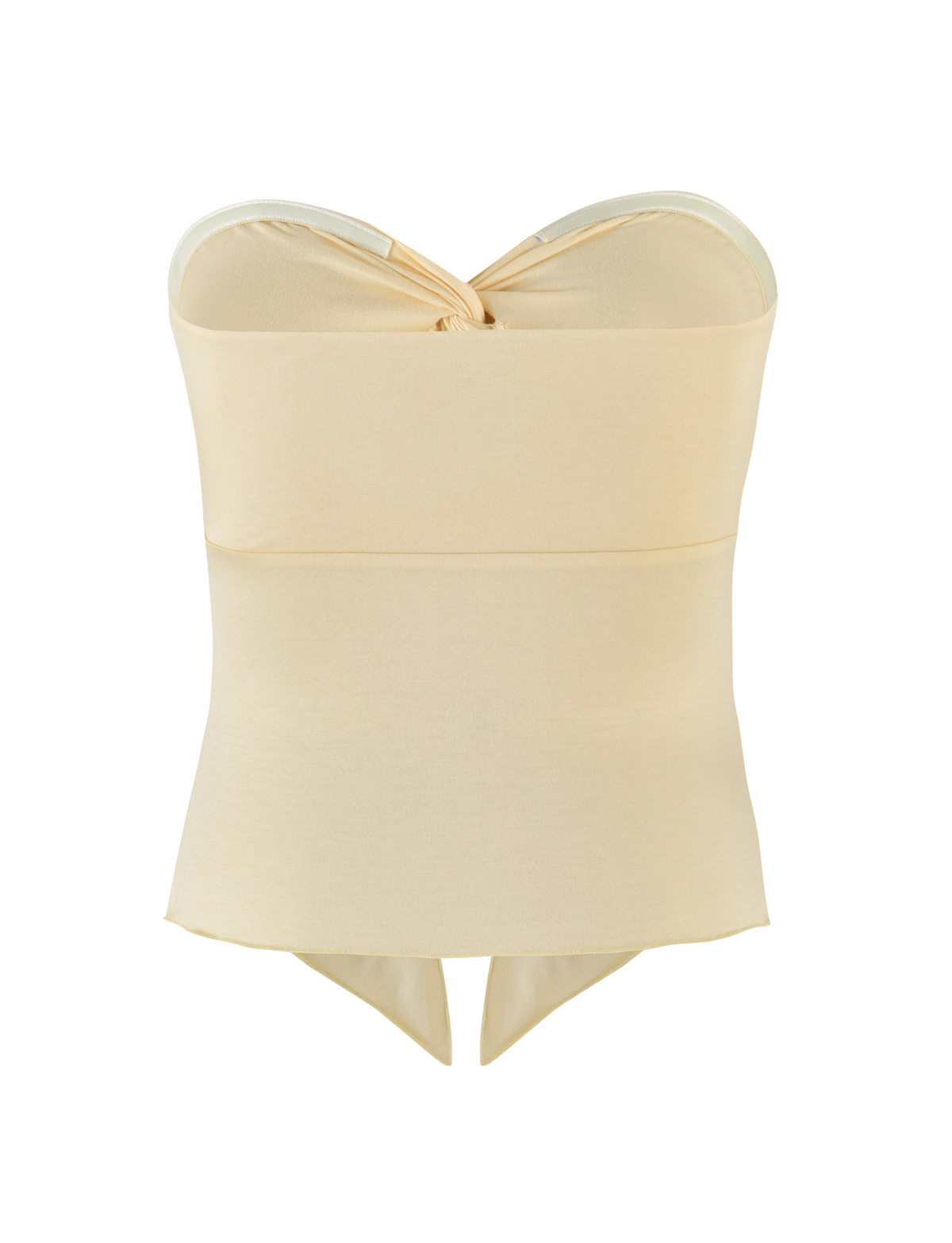 The CHARMAINE TOP - LEMON by TIGERMIST is a strapless bandeau with a sweetheart neckline, pointed front hem, and high-stretch fabric, shown on a plain white background.