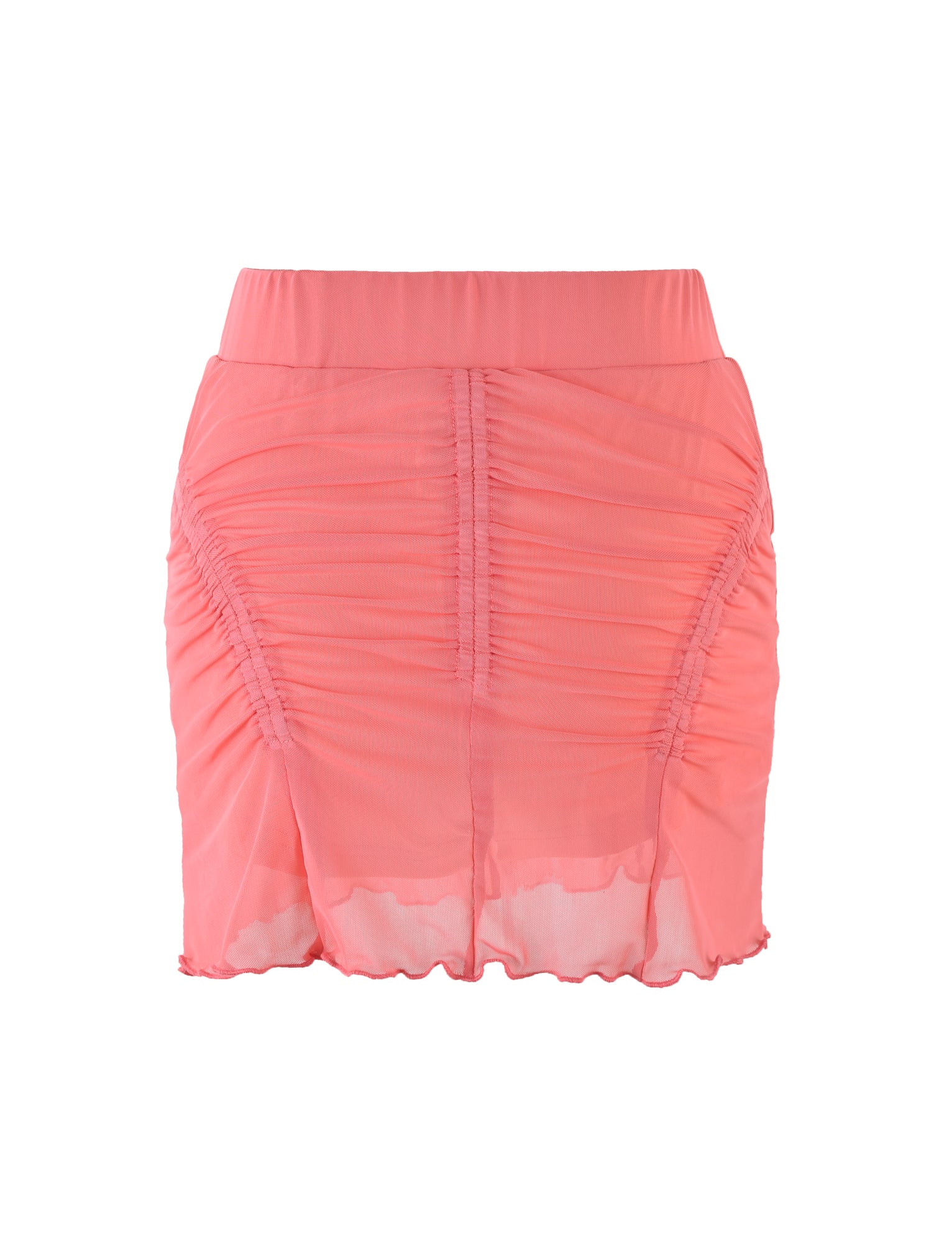 The ESME SKORT in Coral Pink and Peach from TIGERMIST is a stylish mini skort featuring a gathered ruched texture with an elastic waistband and a sheer fabric overlay. It includes a slightly ruffled hem, creating an elegant, layered look.
