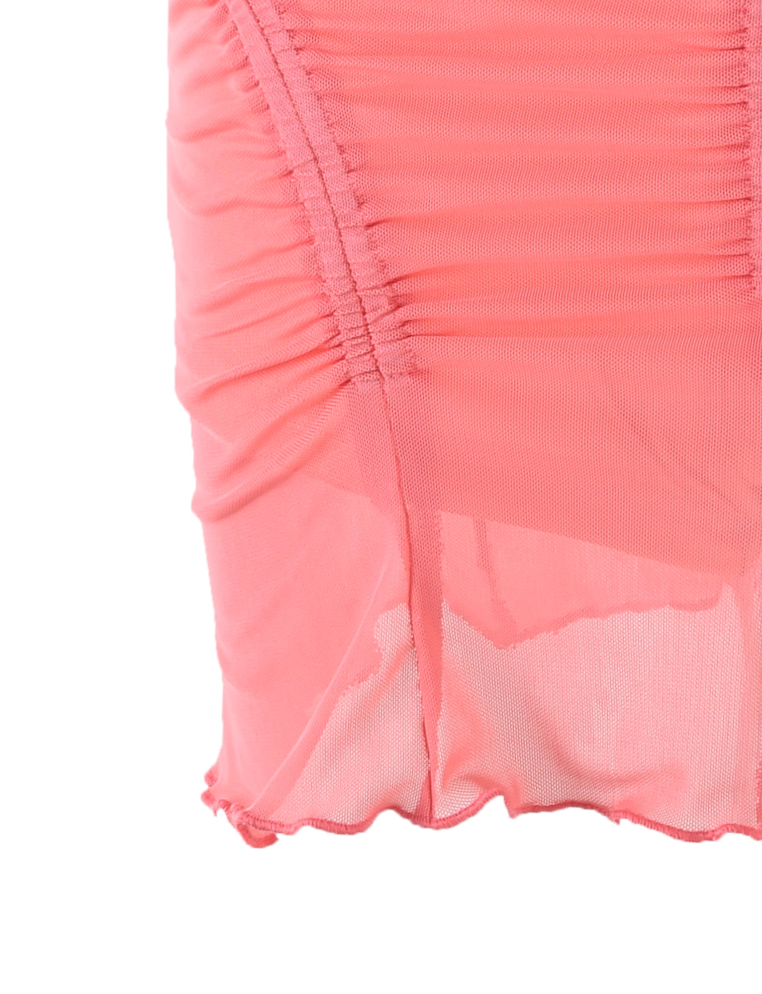 Close-up of a gathered fabric design on a coral peach TigerMist Esme Skort. The sheer fabric is ruched in vertical lines, creating a textured, wrinkled effect, and the lower edge is slightly ruffled.