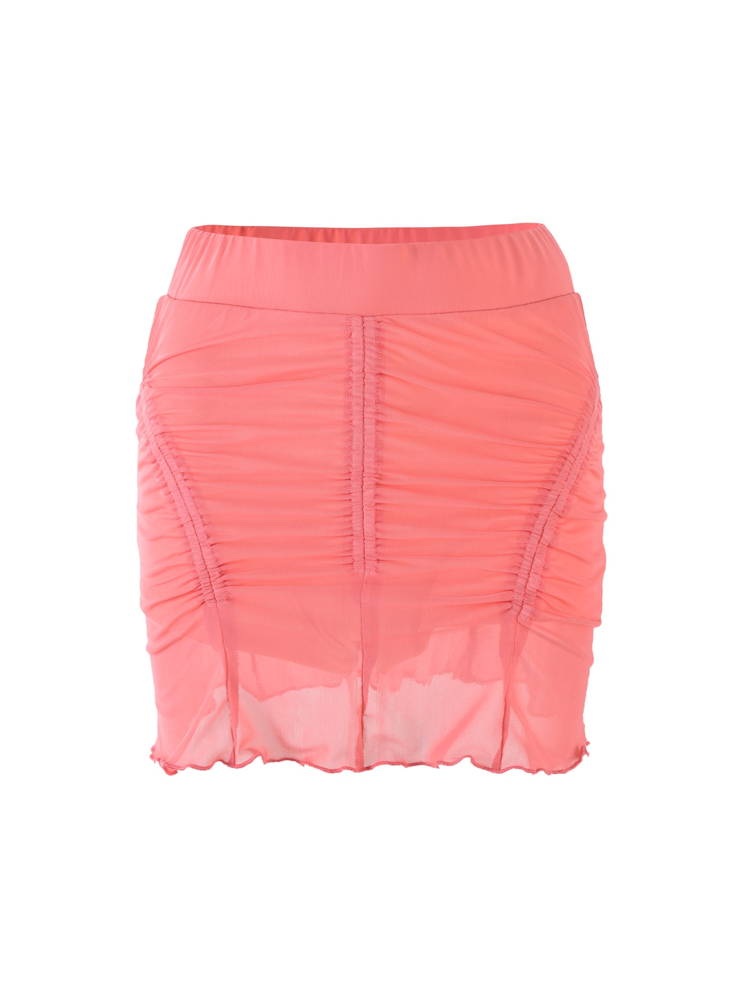 The ESME SKORT in Coral Pink from TIGERMIST is a sheer mesh mini skort featuring ruched detailing on the front and back, along with a scalloped hem. It includes an elastic waistband for added comfort.