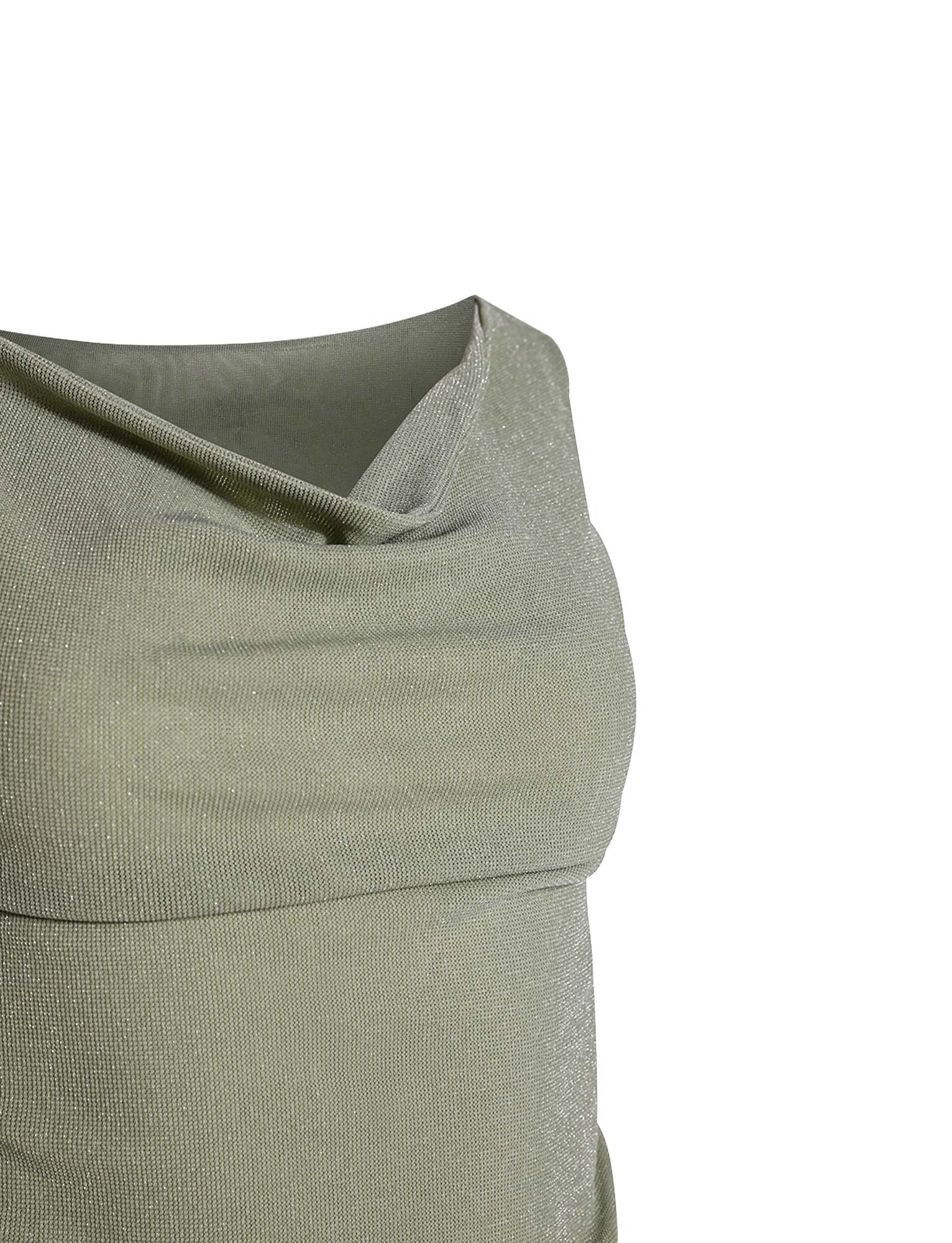 Close-up of the TIGERMIST COBI TANK in Sage Glitter, featuring a light olive green hue and draped cowl neckline. Only the upper part of this asymmetrical top is shown against a plain white background.
