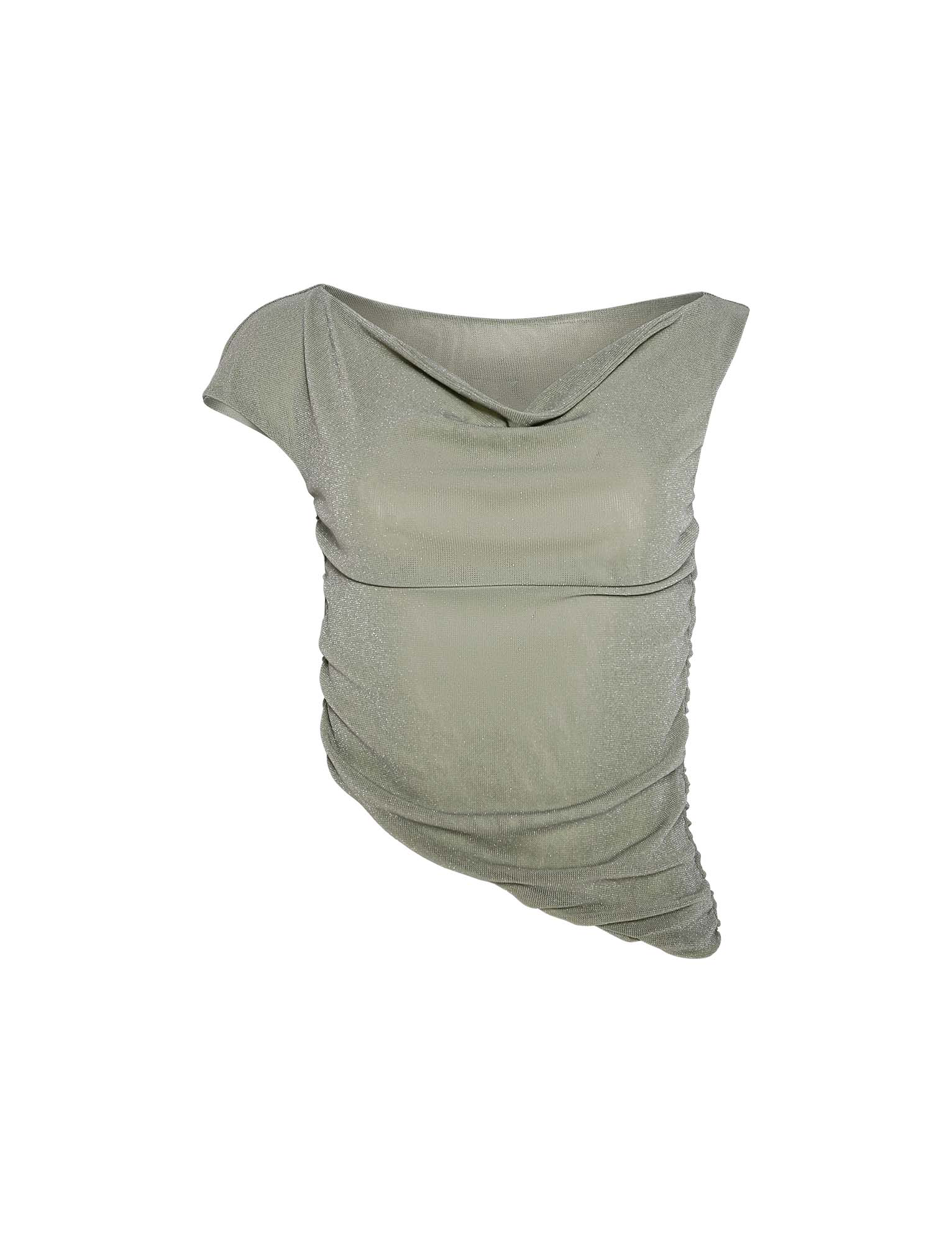 The TIGERMIST COBI TANK in Sage Glitter features an asymmetric design, shimmery finish, draped cowl neckline, and ruched side detail, shown against a white background.