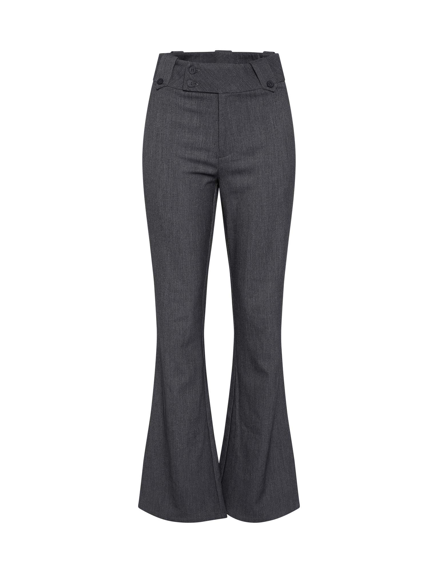 The TIGERMIST KITTIE PANT - GREY features a high-waisted, tailored fit with flared legs, front button details, and a slight hem flare, shown in dark gray against a white background.