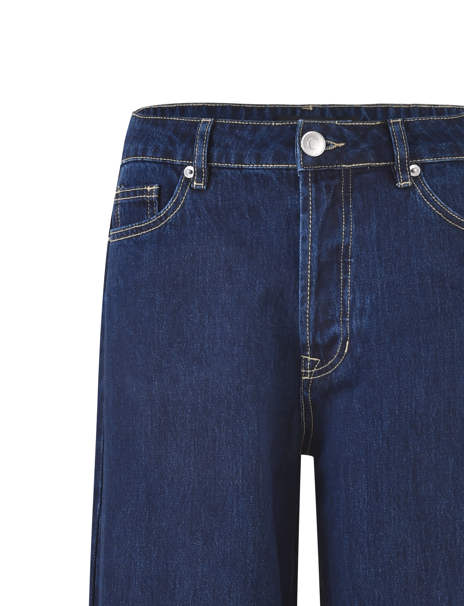 The image shows the upper portion of TIGERMIST FELIX JEAN - DARK DENIM, featuring white stitching, a front button closure, front pockets, belt loops, and an oversized fit.