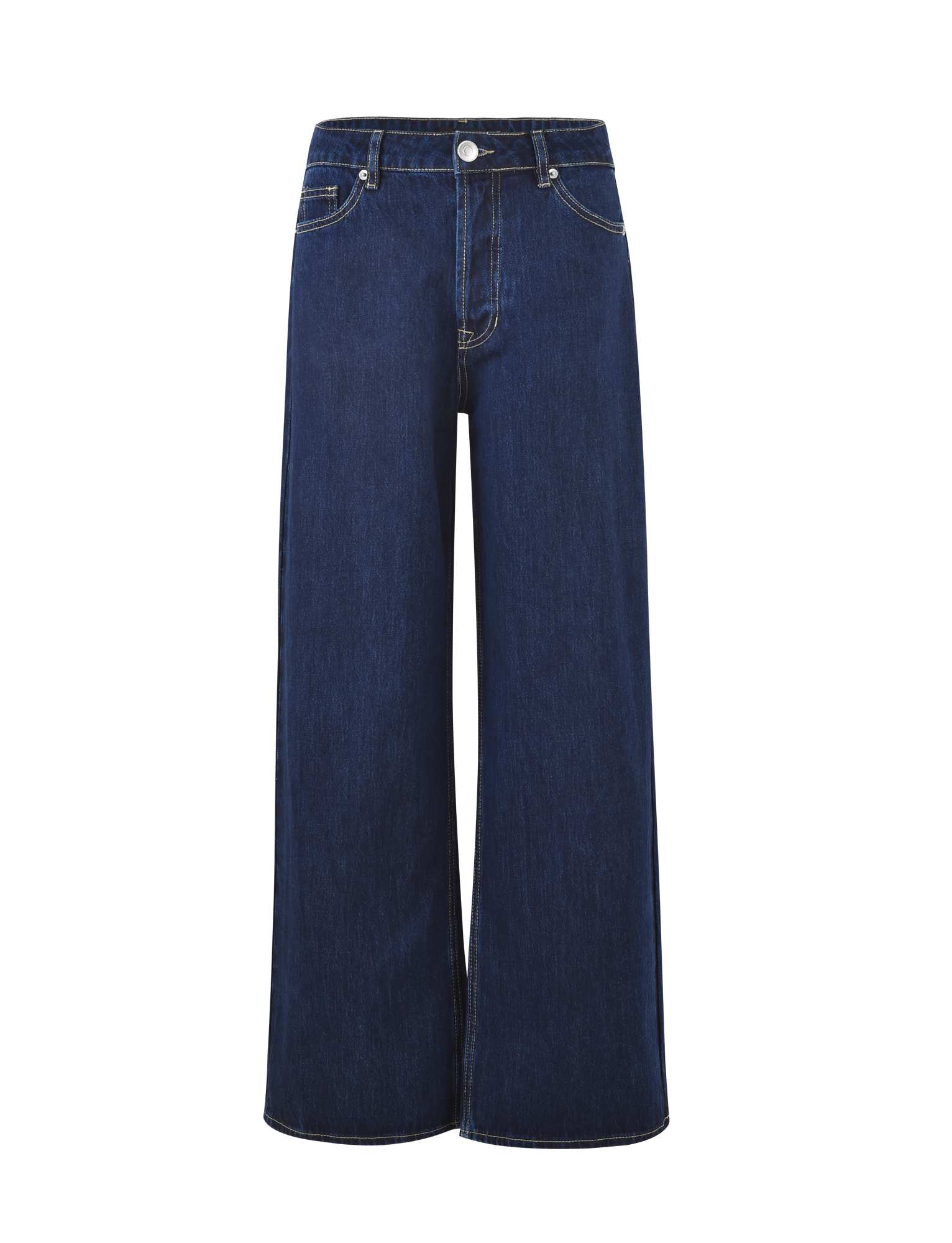 The FELIX JEAN - DARK DENIM by TIGERMIST features a high-waisted, wide-leg silhouette in dark blue denim with white stitching, button and zipper closure, plus front and back pockets, shown against a plain background.