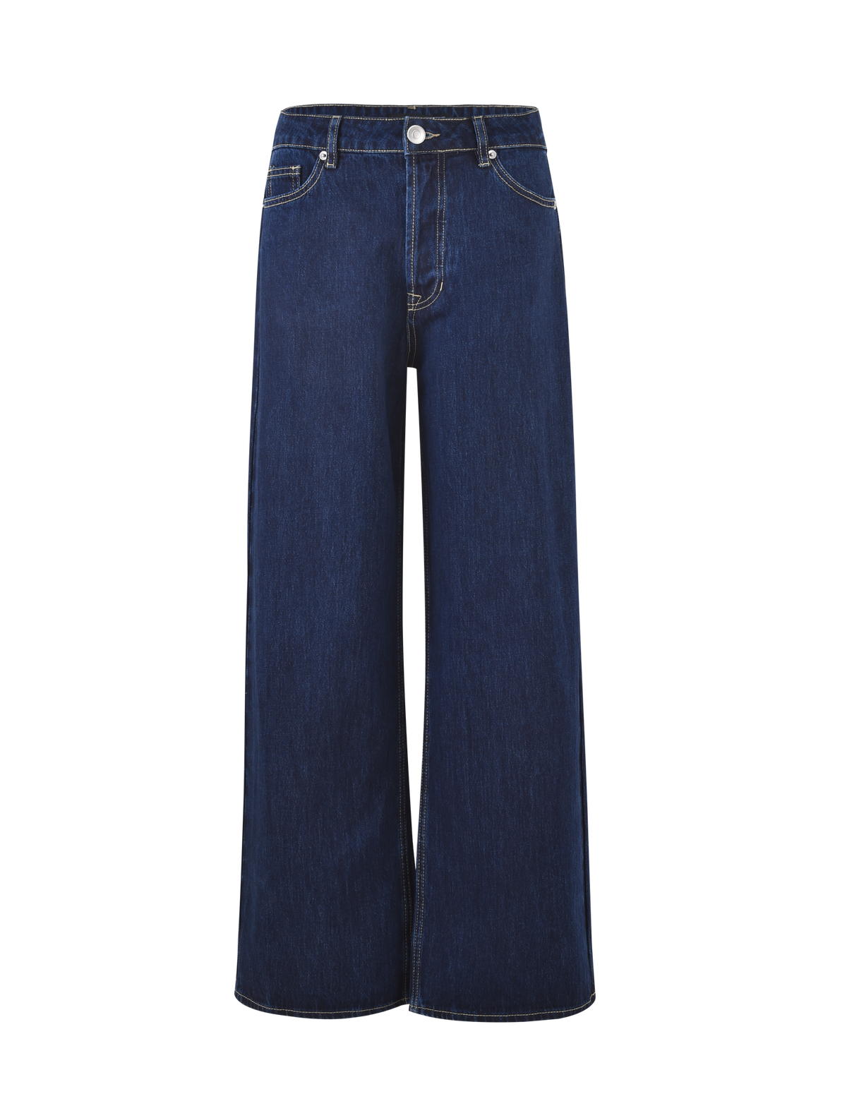 The FELIX JEAN - DARK DENIM by TIGERMIST features a high-waisted, wide-leg silhouette in dark blue denim with white stitching, button and zipper closure, plus front and back pockets, shown against a plain background.