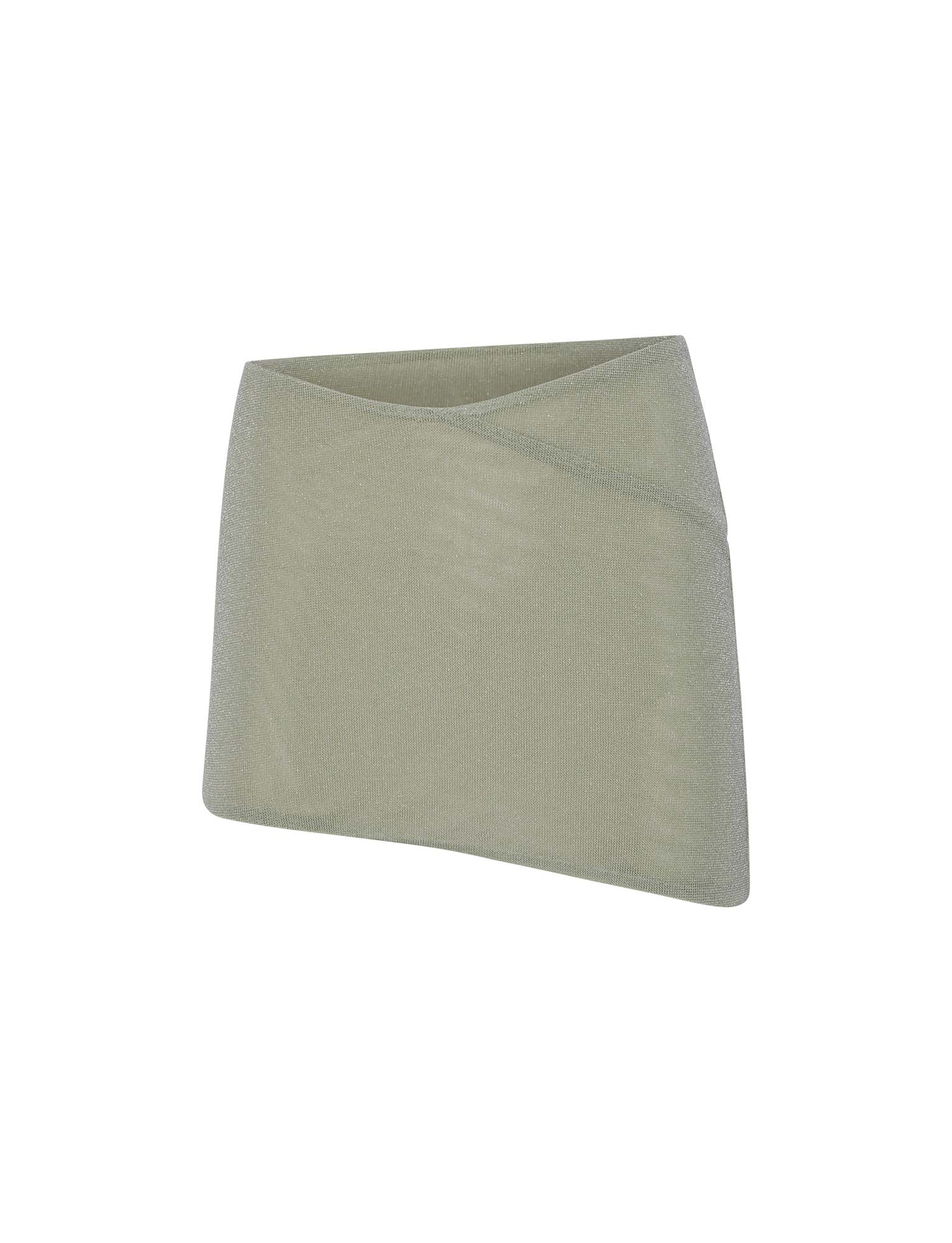 Sage green TIGERMIST COBI SKIRT with a glitter finish and asymmetric hem, shown against a plain white background.