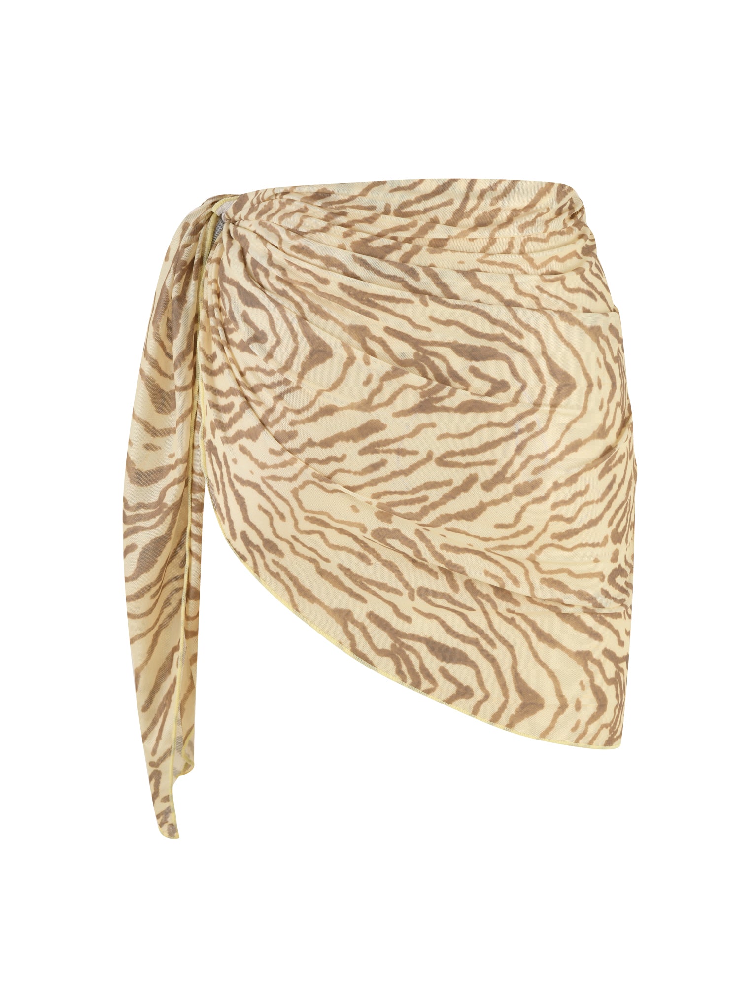 Introducing the Peachy Sarong - Yellow: Zebra from TigerMist, a sophisticated mini sarong in beige and brown zebra print. This stylish piece features an asymmetrical hem and a knot detail on the left side. The mesh fabric offers a slightly sheer, lightweight appearance that beautifully showcases the animal print pattern.