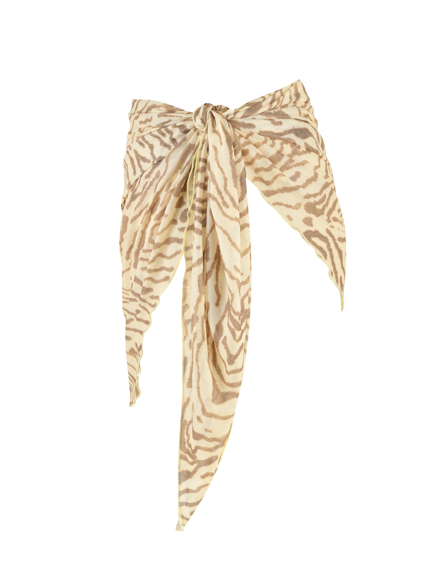 The PEACHY SARONG - YELLOW : ZEBRA by TIGERMIST is a bold and fashionable accessory. This beige and brown animal-print scarf, tied into a stylish bow, features patterns resembling yellow zebra stripes with ends that hang down, prominently displaying the printed fabric.