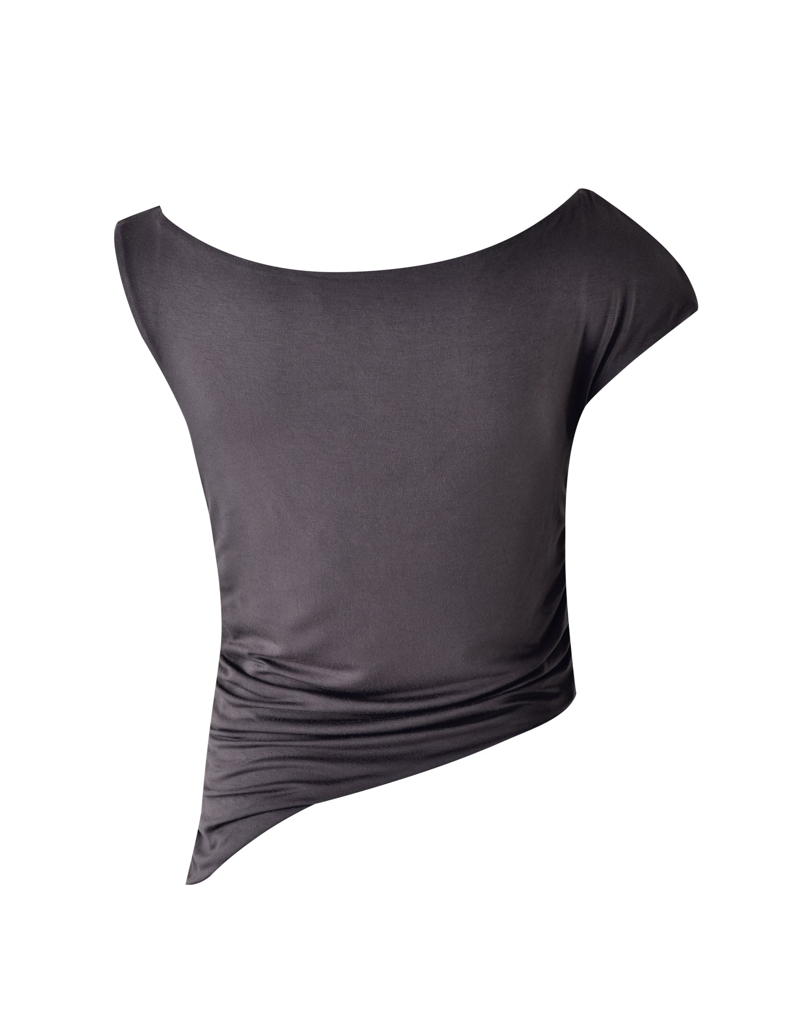 This stylish, asymmetrical COBI JERSEY TANK in Steel Grey from TIGERMIST features a chic one-shoulder strap and draped design at the hemline for a modern look against a white background.