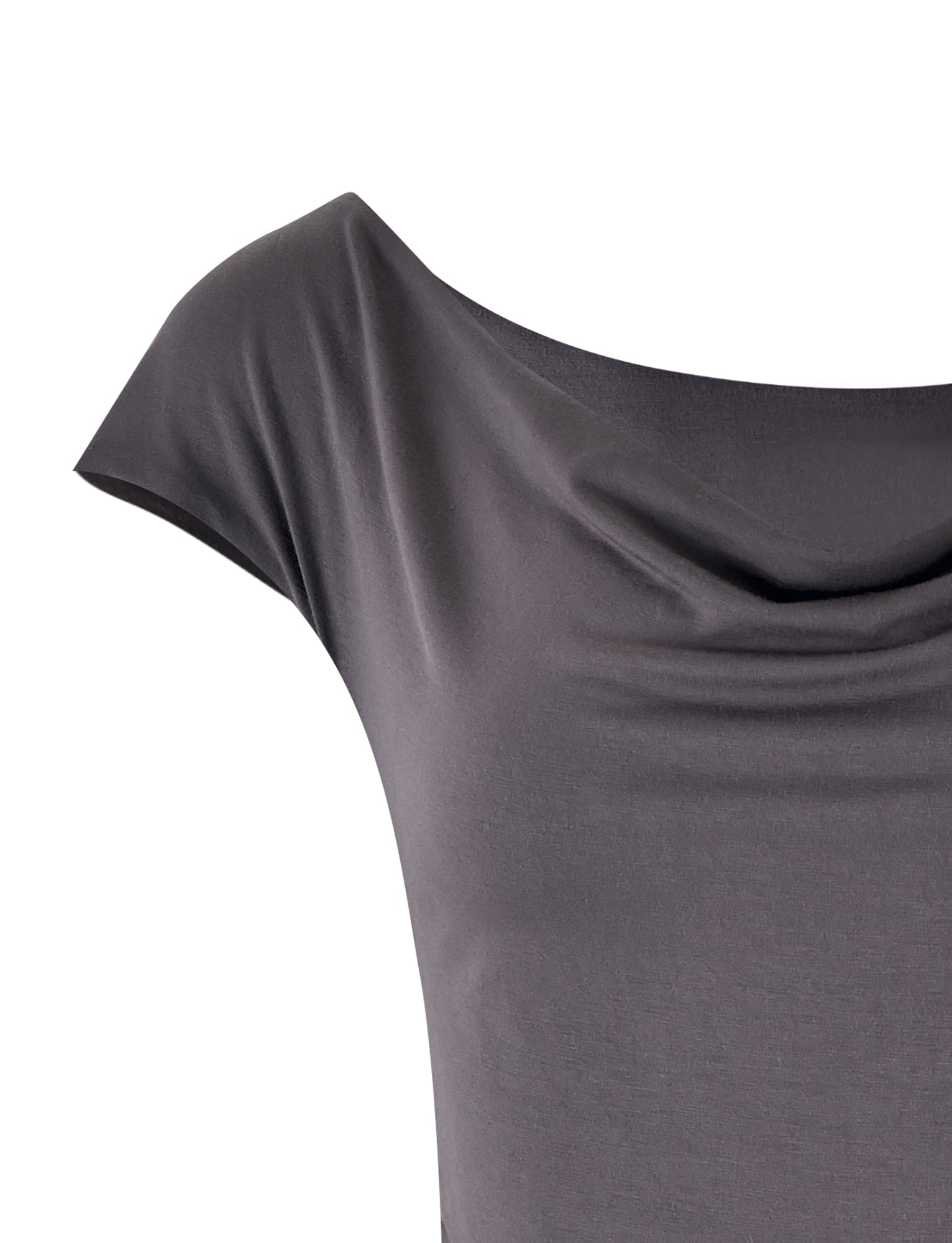 Close-up of the COBI JERSEY TANK - GREY : STEEL GREY from TIGERMIST, a short-sleeved top with a draped cowl neckline. The soft and smooth fabric creates gentle folds at the upper chest area. Only part of the front and shoulder of this elegant top is visible.