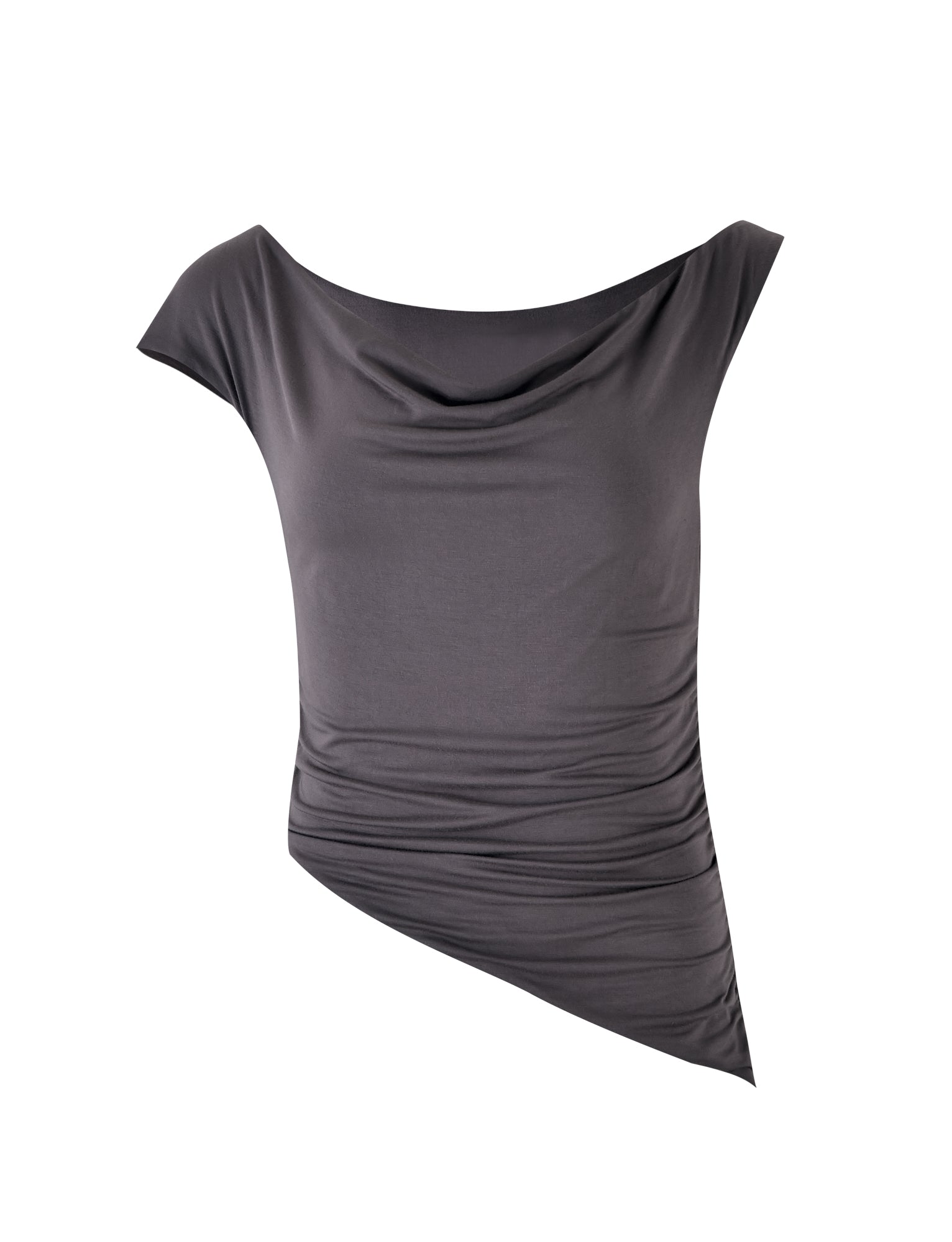 Introducing the COBI JERSEY TANK in Steel Grey by TIGERMIST, an asymmetrical sleeveless top featuring a draped neckline. This fitted design includes ruched detailing on one side for a modern and stylish look, crafted from smooth and slightly stretchy fabric.