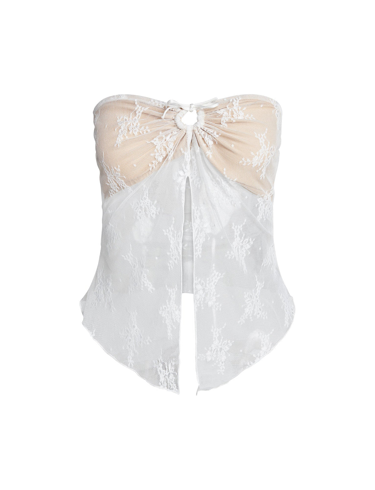 Introducing the KAROLINA TOP - WHITE by TIGERMIST: a stylish strapless top featuring a sweetheart neckline. This top combines sheer white lace over a nude fabric base, with a knot detail at the center front that creates a keyhole opening, and an asymmetrically split hemline for added flair.
