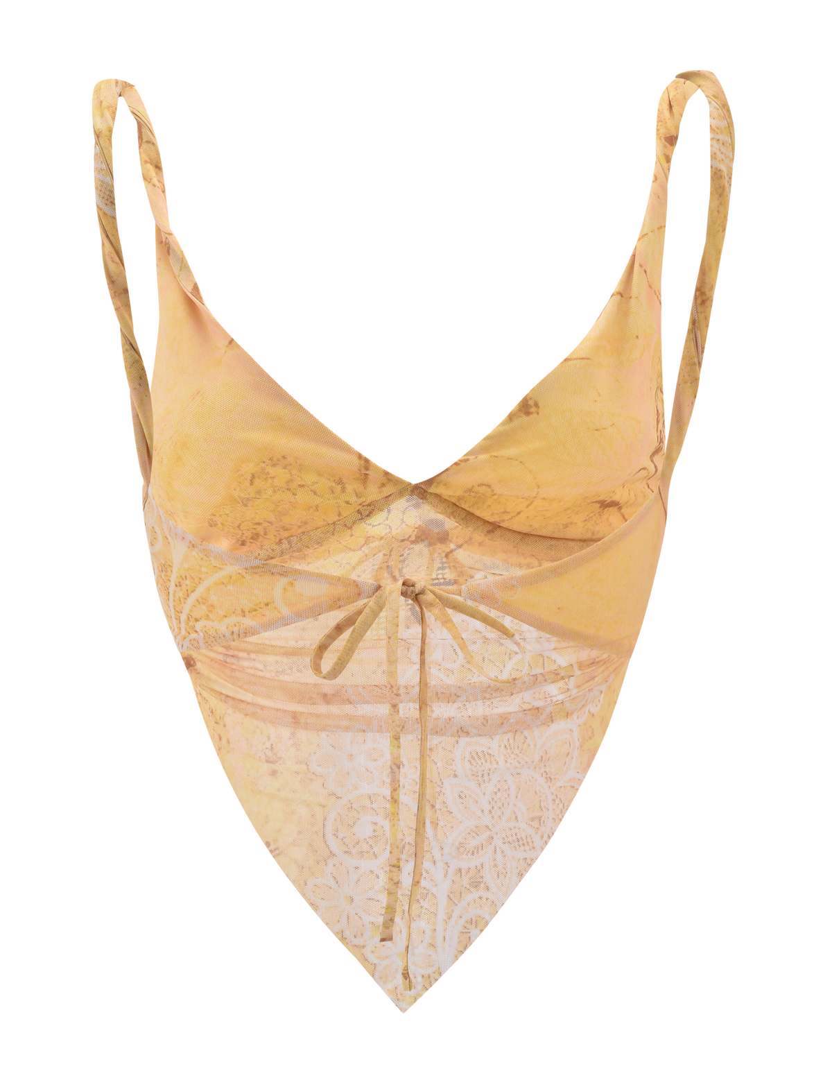 The TIGERMIST THEO TOP in Lemon Butterfly Paisley is a light yellow, sleeveless crop top with thin spaghetti straps, front tie detail, butterfly paisley print, and delicate lace accents for a soft, flowing look.