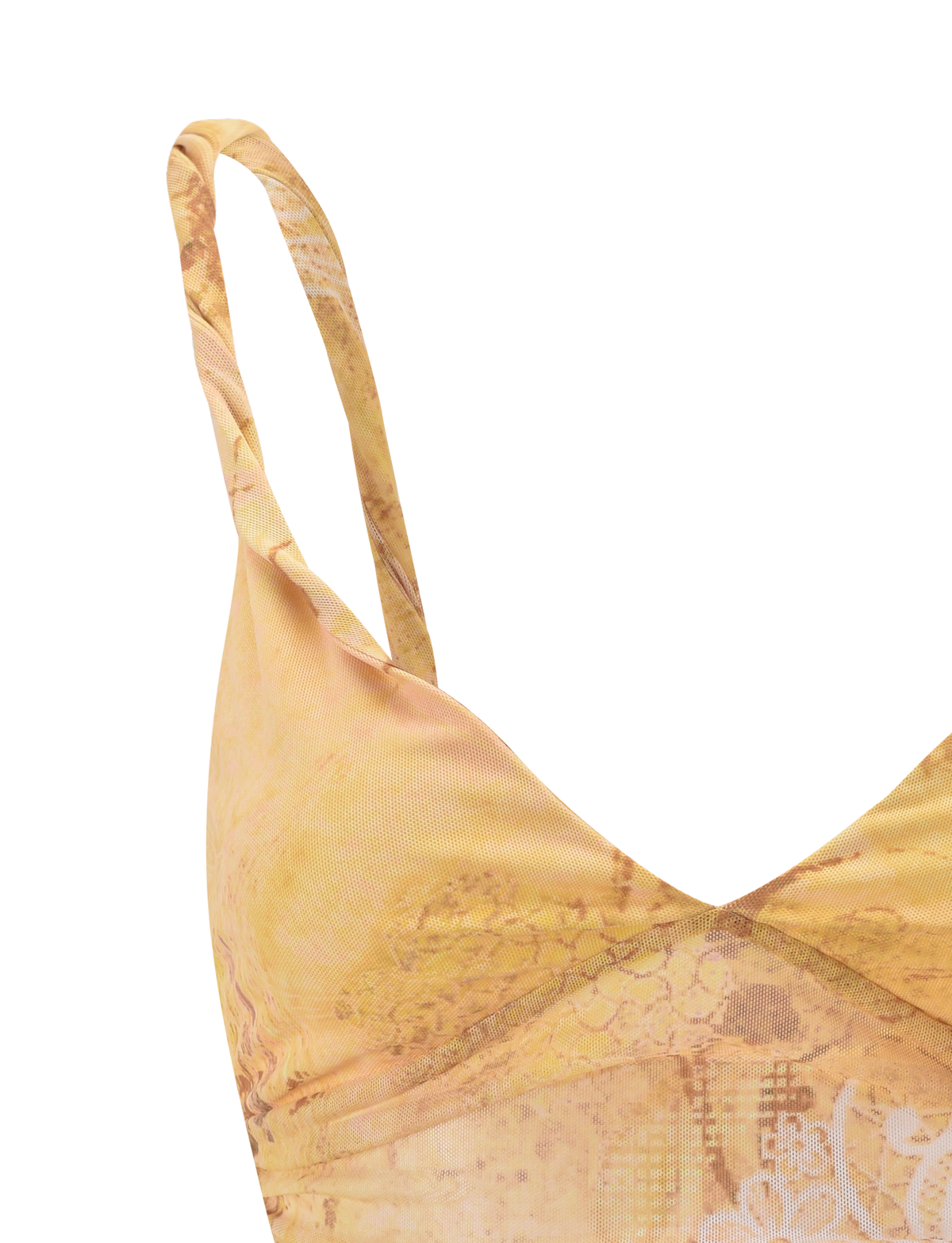 Close-up of the TIGERMIST THEO TOP in Lemon Butterfly Paisley, a yellow and beige sleeveless piece with thin straps, butterfly paisley print, adjustable back ties, soft gradient fabric, and delicate lace-like details.