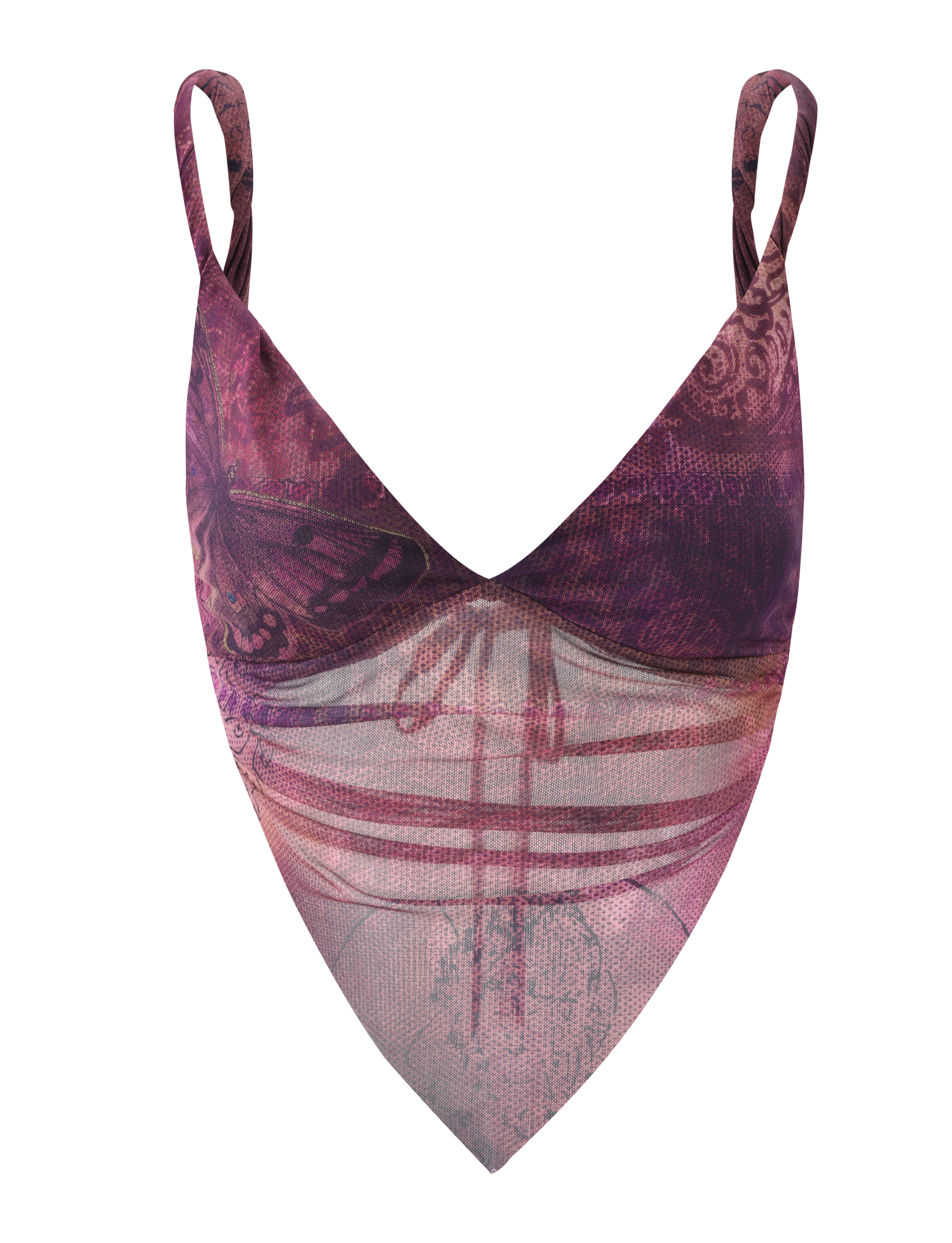 The TIGERMIST THEO TOP in Plum Butterfly Paisley is a bandana-style crop top with adjustable back ties and spaghetti straps, featuring a butterfly paisley and floral print.