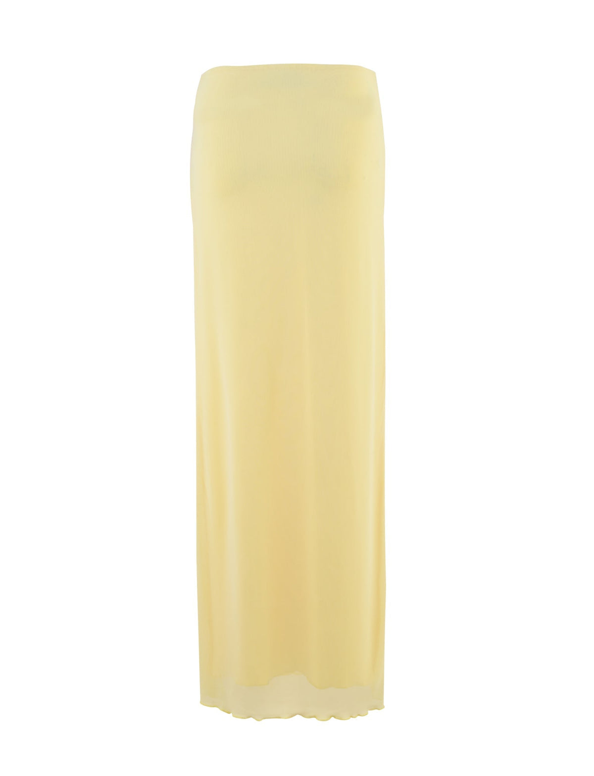The THEO SKIRT - YELLOW : LEMON by TIGERMIST is a full-length, sheer, body-hugging skirt in a light yellow shade. Its straight silhouette and thin, slightly translucent fabric give it a delicate and airy look. The skirt features no visible patterns, buttons, or additional adornments.