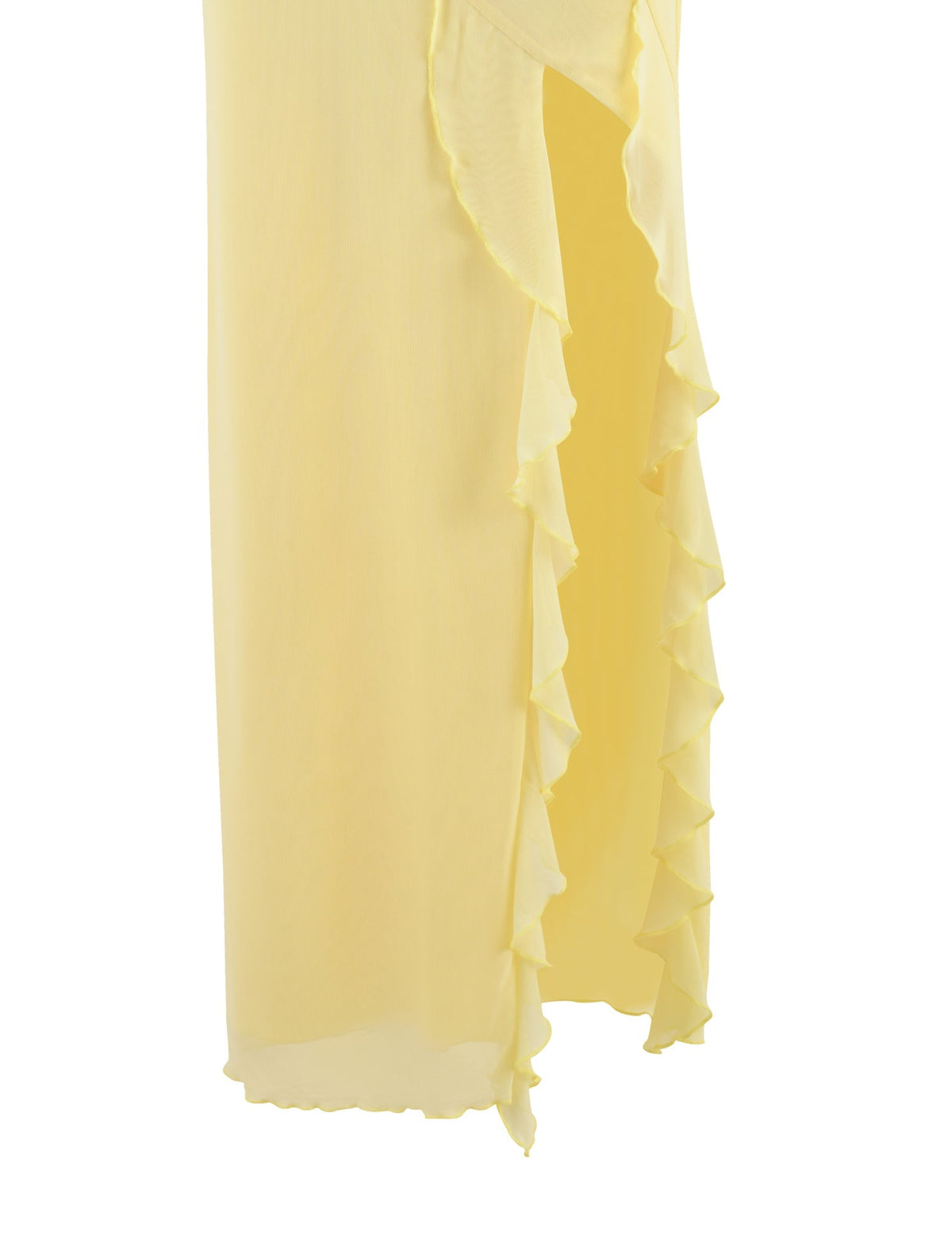 A close-up view of the lower part of the Tiger Mist THEO Skirt - Yellow : Lemon reveals a delicate, layered design with a flowy, ruffled edge. The lightweight and slightly translucent fabric adds to the feminine charm of this skirt.