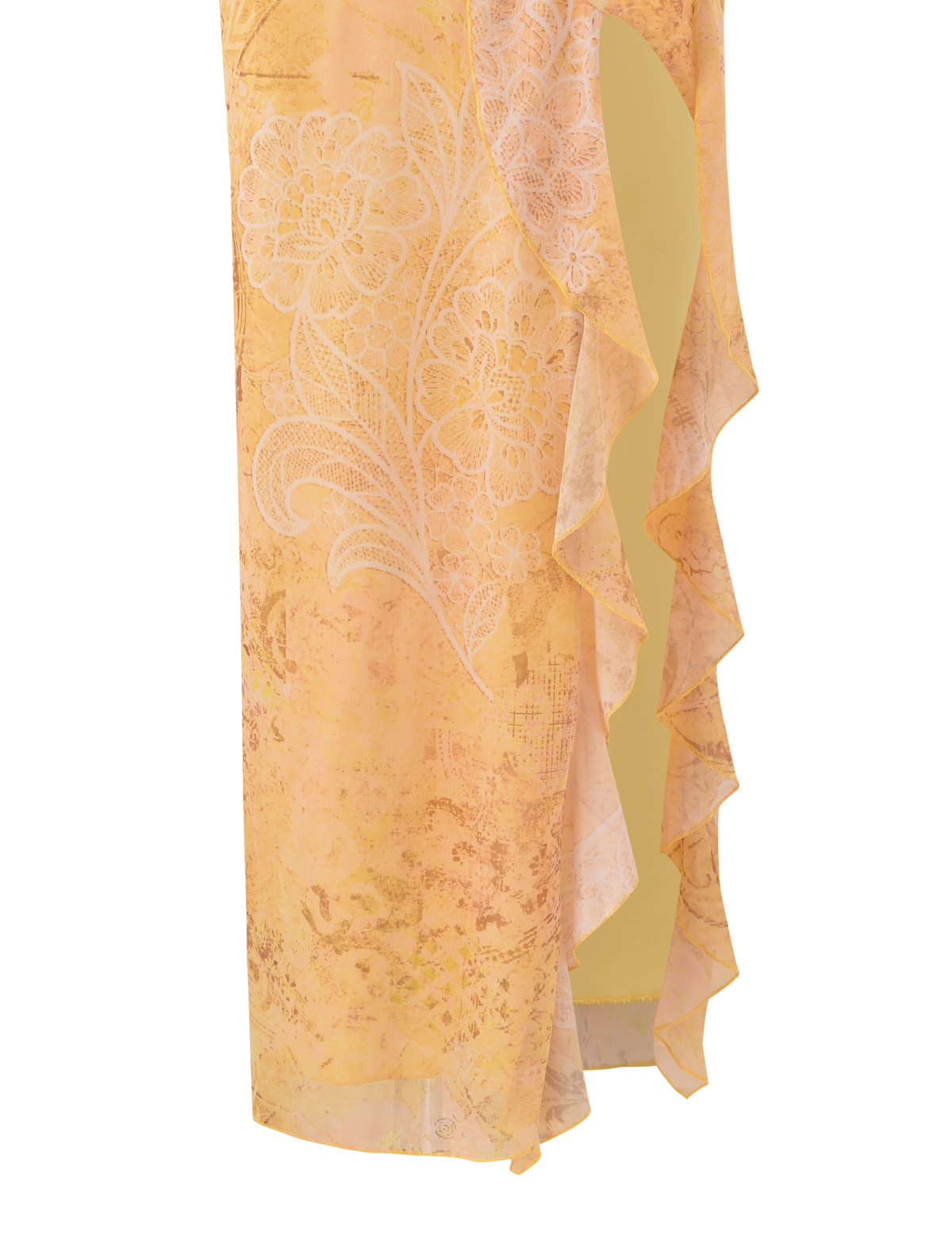 Close-up of the TIGERMIST THEO SKIRT in Lemon Butterfly Paisley, featuring a floral pattern, white lace overlay, ruffled asymmetrical edge, and an opening that reveals a yellow inner lining.