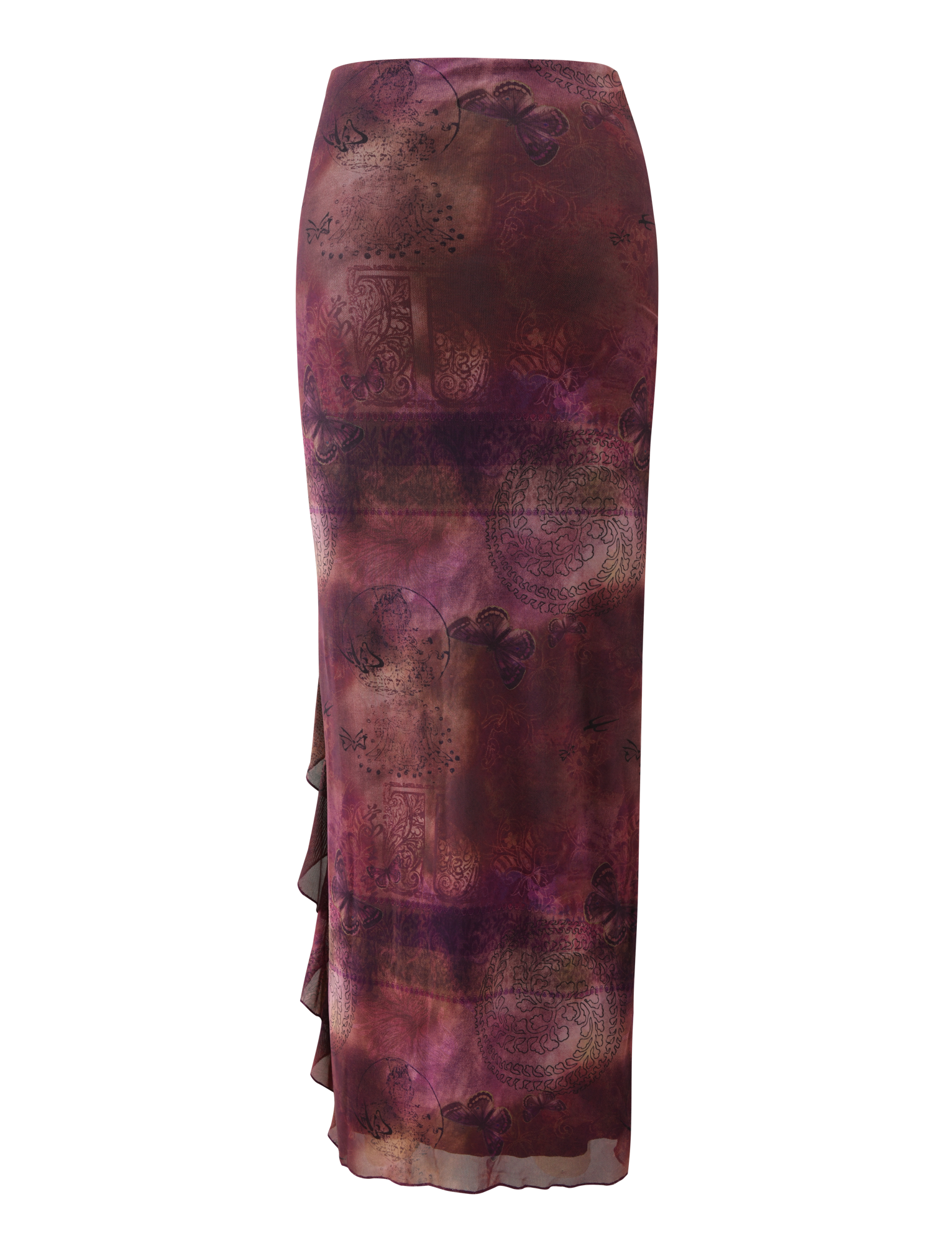 The TIGERMIST THEO SKIRT - PLUM BUTTERFLY PAISLEY is a long, fitted high-waist skirt with a sheer purple and burgundy butterfly paisley print, abstract patterns, and a ruffled side detail.