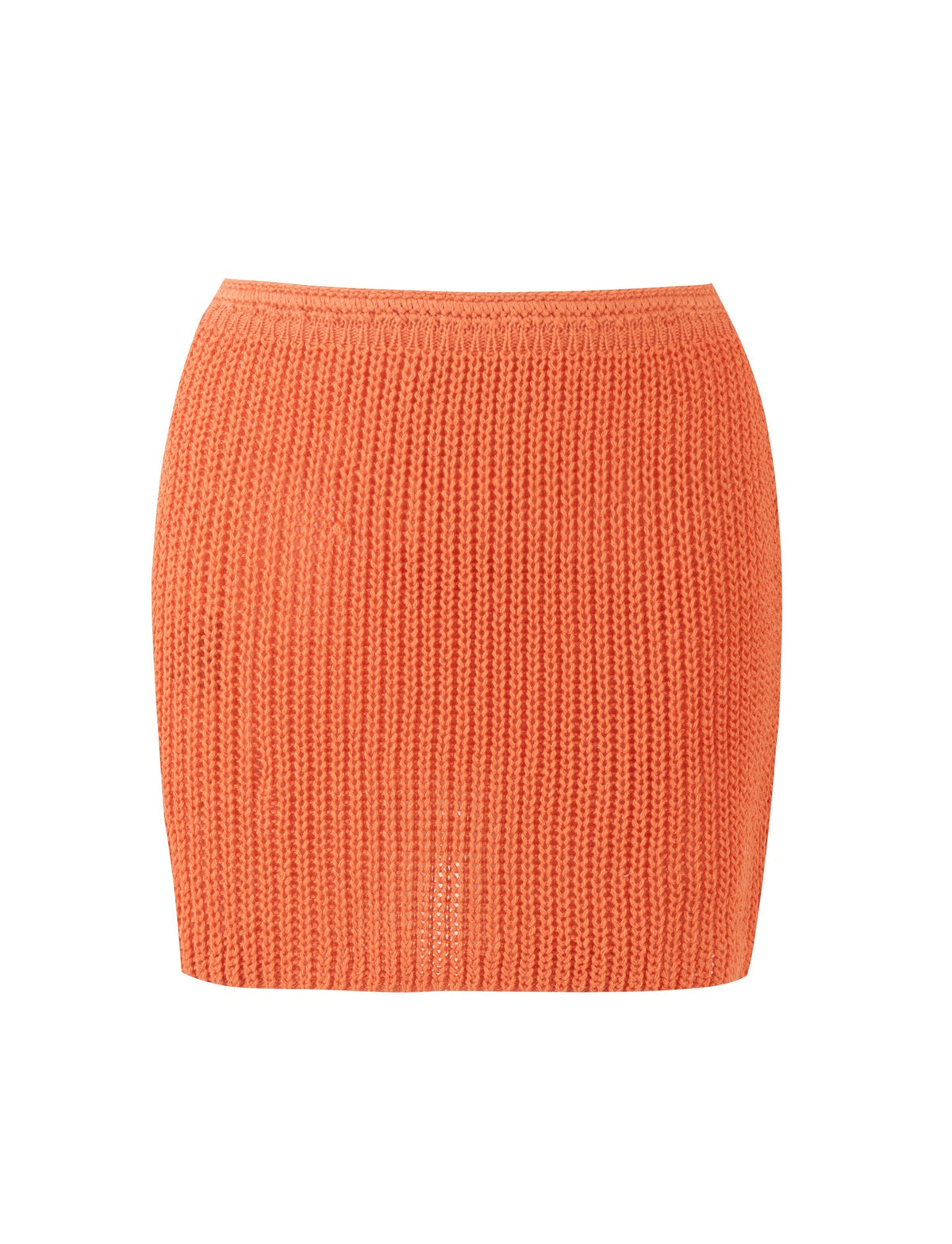 This image displays the TIGERMIST MACAULEY MINI SKIRT in bright orange. The knit skirt features a ribbed texture and a form-fitting design, complete with a seamless waistband. The material looks soft and lightweight, making it perfect for casual or semi-casual occasions. It is designed without any visible zippers or buttons.