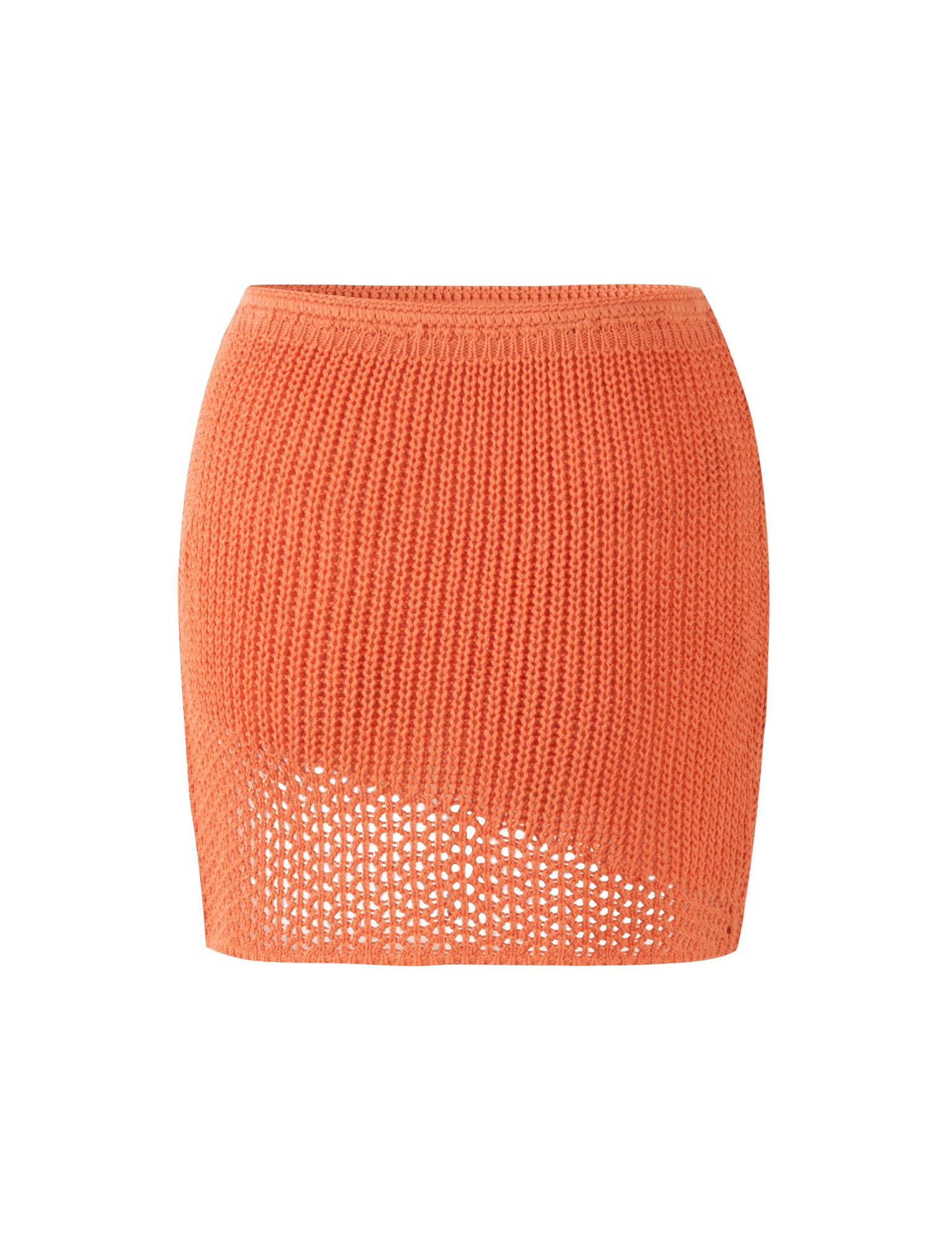 Introducing the MACAULEY MINI SKIRT - ORANGE by TIGERMIST, a stunning knitted mini skirt in vibrant orange. It features a see-through mesh design near the bottom hem and a snug waistband, perfectly highlighting the fitted style and intricate knit pattern.