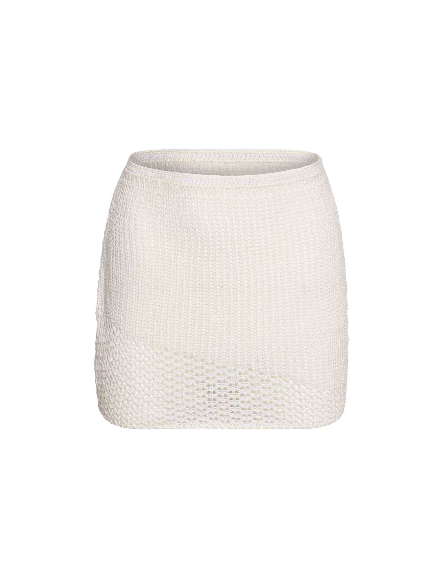 The MACAULEY MINI SKIRT by TIGERMIST is a white, textured crochet mini skirt with a bodycon fit, shown against a plain white background.