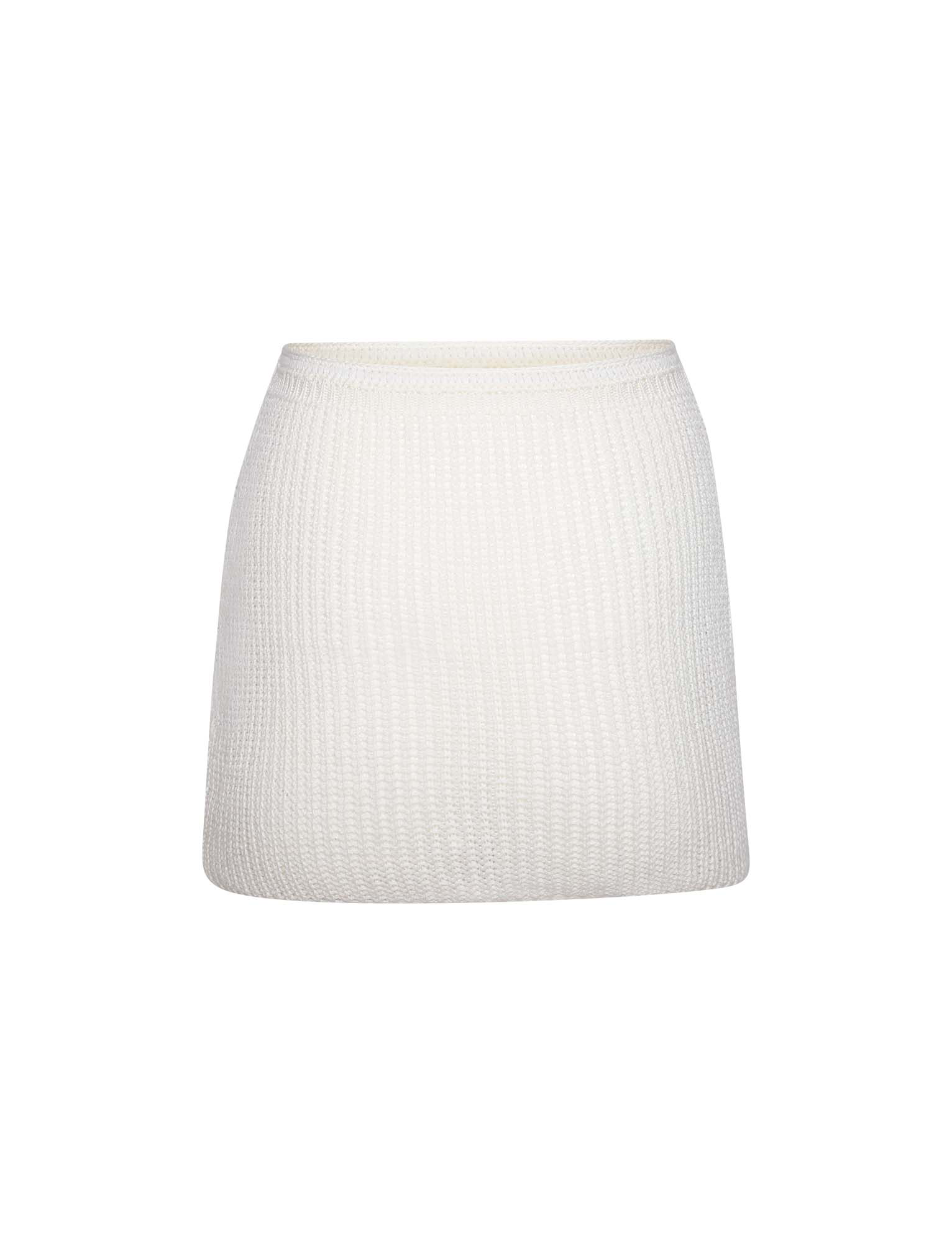 The TIGERMIST MACAULEY MINI SKIRT in white features a ribbed knit design and bodycon fit, showcased against a plain white background.