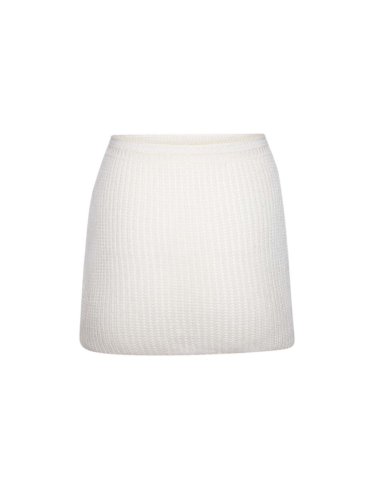 The TIGERMIST MACAULEY MINI SKIRT in white features a ribbed knit design and bodycon fit, showcased against a plain white background.