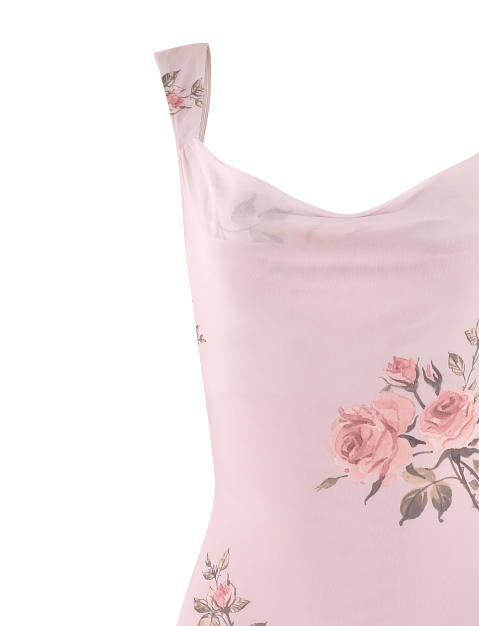 A partial view of the Morana Dress - Pink: Floral from TIGERMIST showcases a light pink dress adorned with predominantly pink roses and green leaves. The dress features thin straps and seems to be made of a soft, flowing fabric.